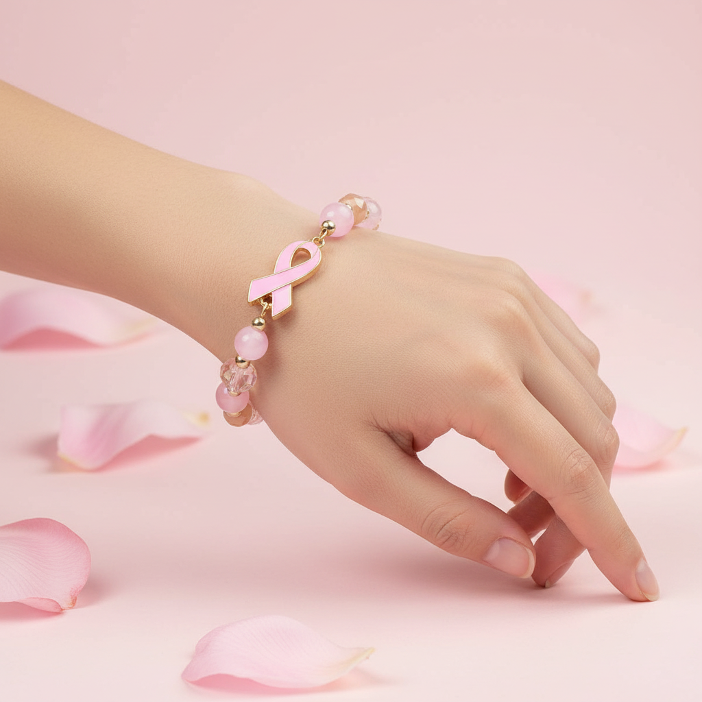 Pink Ribbon Breast Cancer Awareness Beaded Stretch Bracelet Pack – Gold Accents & Crystal Glass Beads (CB3156)