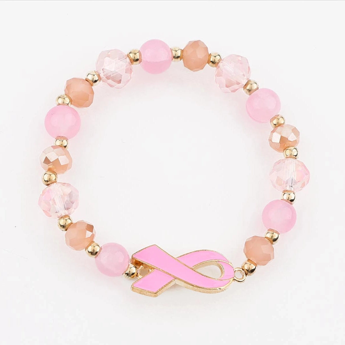 Pink Ribbon Breast Cancer Awareness Beaded Stretch Bracelet Pack – Gold Accents & Crystal Glass Beads (CB3156)