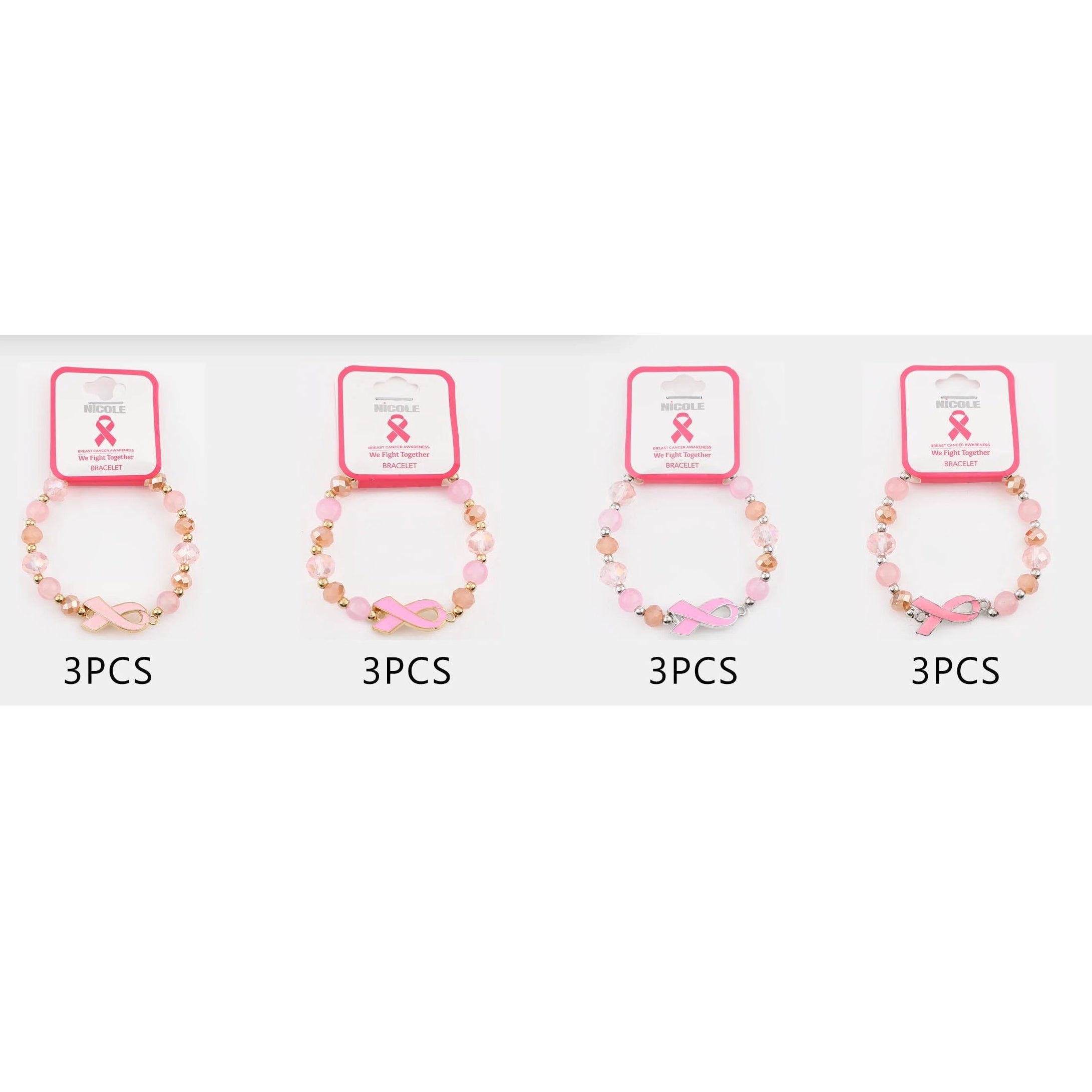 Pink Ribbon Breast Cancer Awareness Beaded Stretch Bracelet Pack – Gold Accents & Crystal Glass Beads (CB3156)