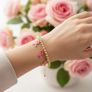 Breast Cancer Awareness Stretch Charm Bracelet Bulk Wholesale | Pink Ribbon Gold & Silver Beaded Jewelry (CB3157)