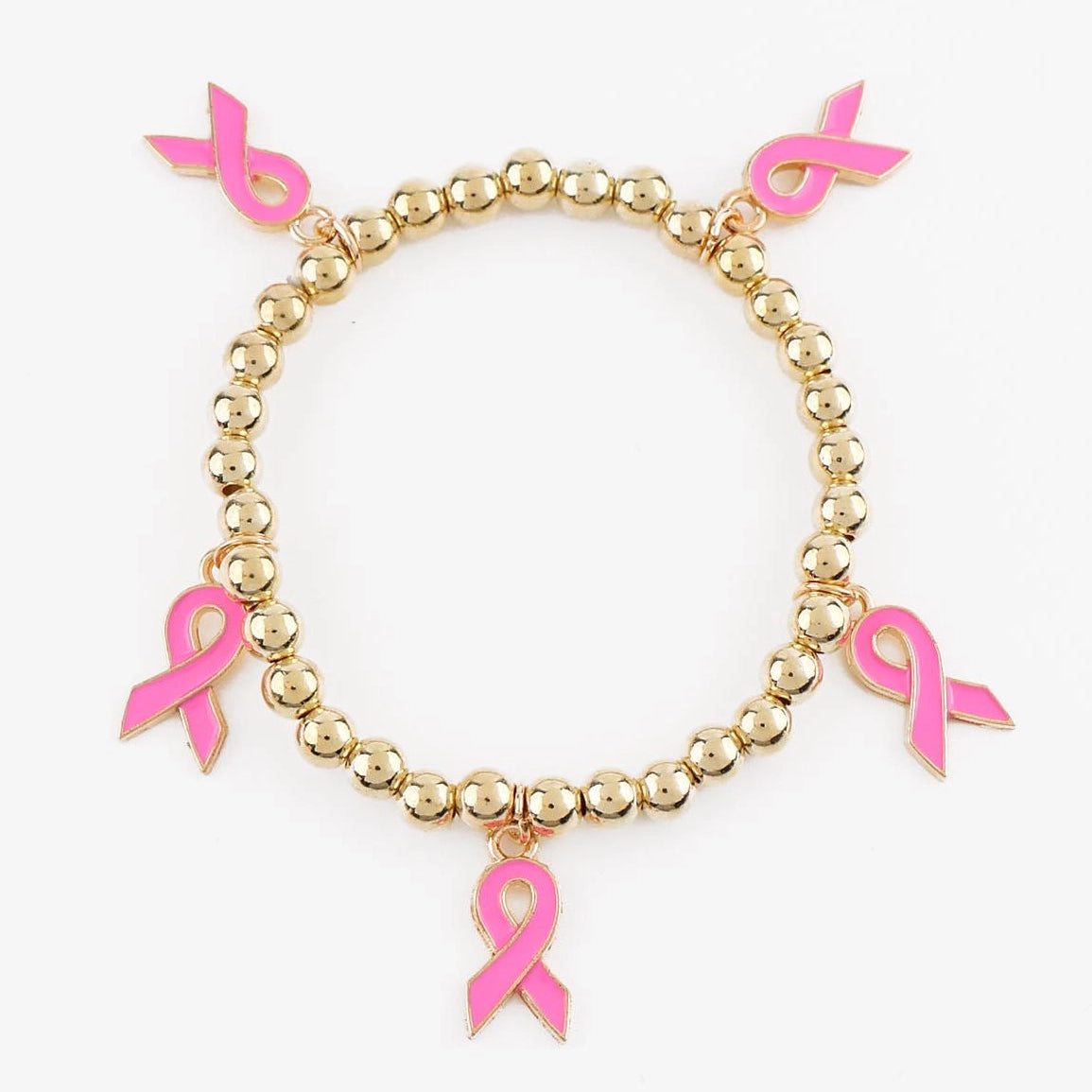 Breast Cancer Awareness Stretch Charm Bracelet Bulk Wholesale | Pink Ribbon Gold & Silver Beaded Jewelry (CB3157)