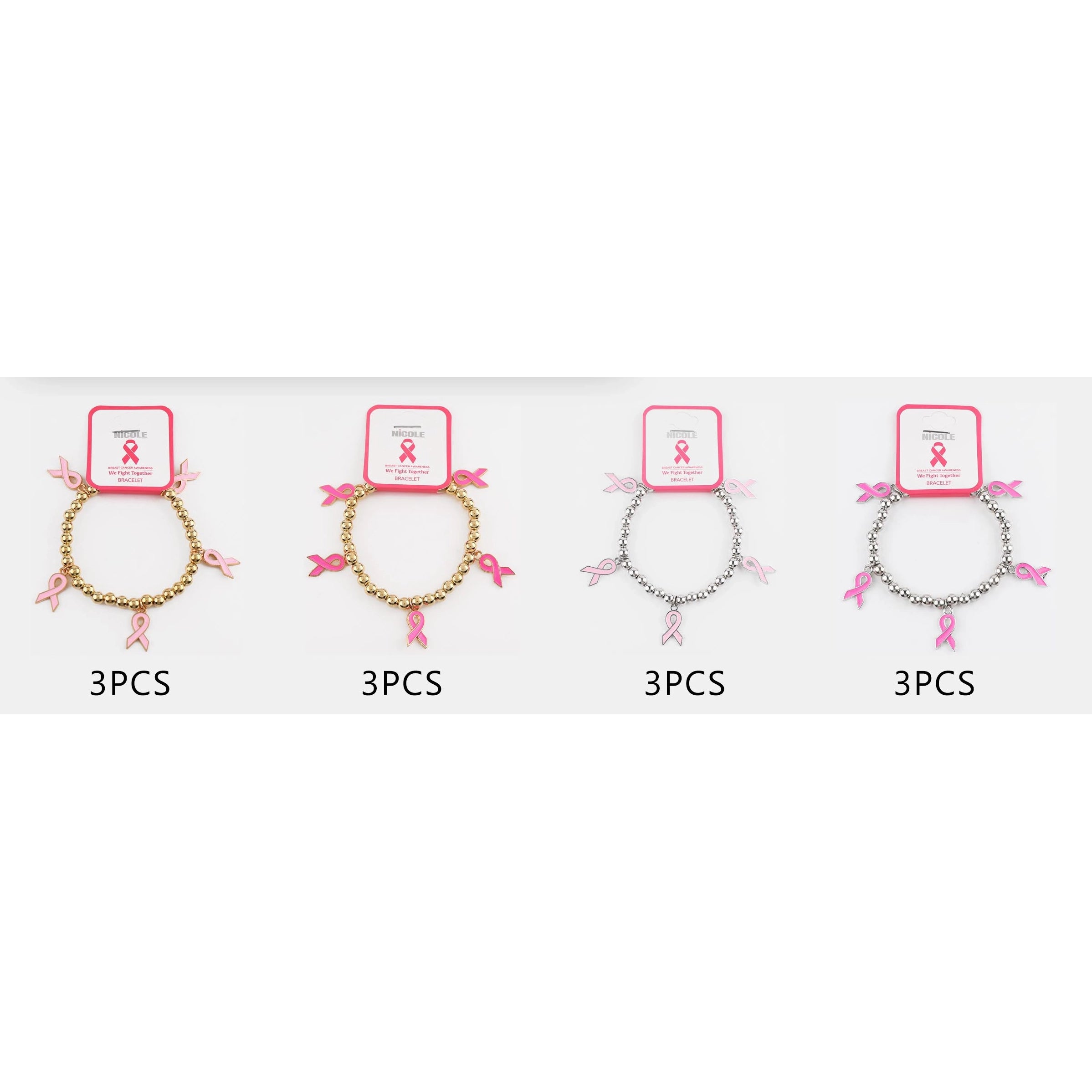 Breast Cancer Awareness Stretch Charm Bracelet Bulk Wholesale | Pink Ribbon Gold & Silver Beaded Jewelry (CB3157)