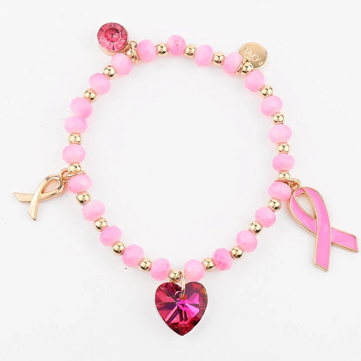 Pink Ribbon Breast Cancer Awareness Beaded Stretch Bracelet Set – Hope & Support Jewelr (CB3159)y