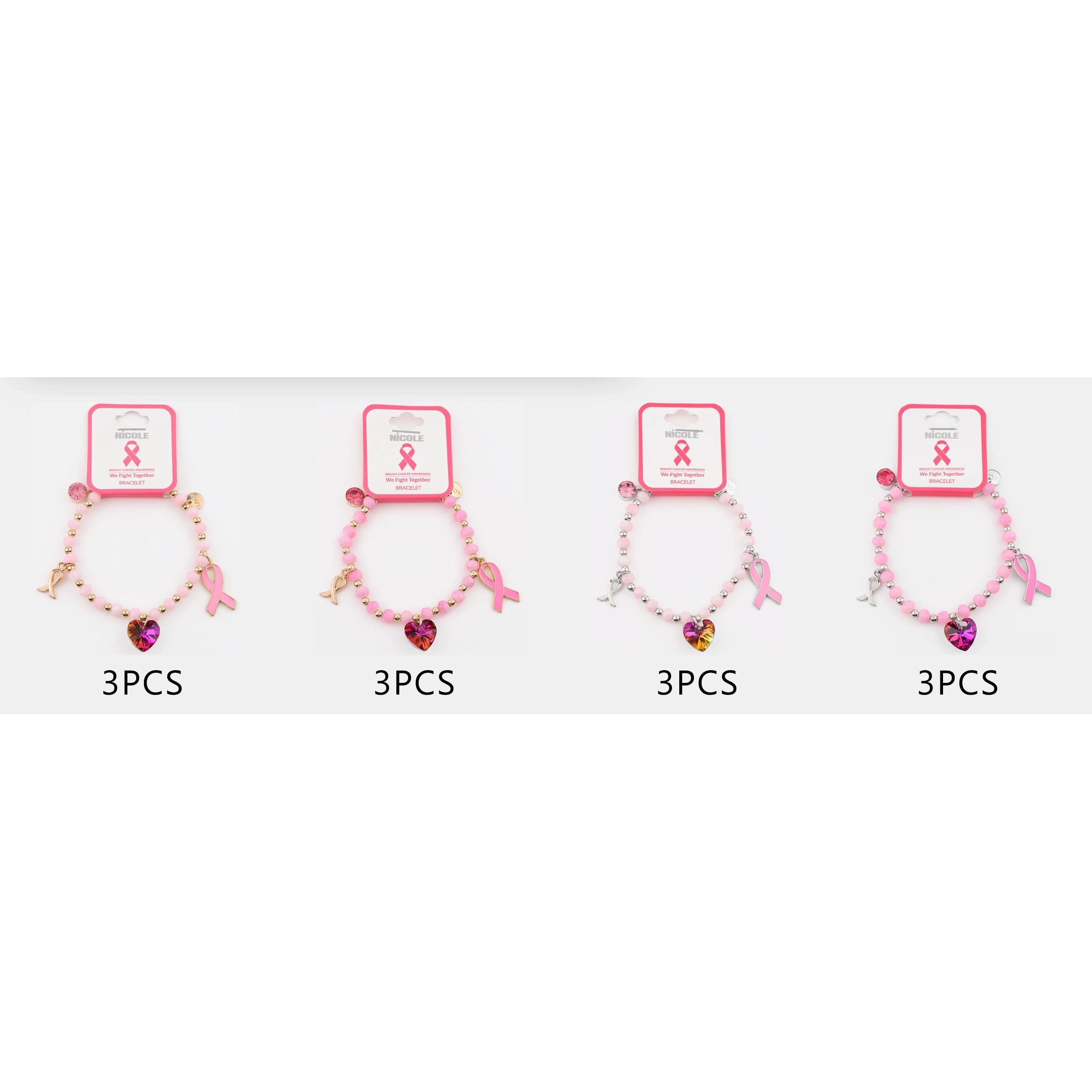 Pink Ribbon Breast Cancer Awareness Beaded Stretch Bracelet Set – Hope & Support Jewelr (CB3159)y