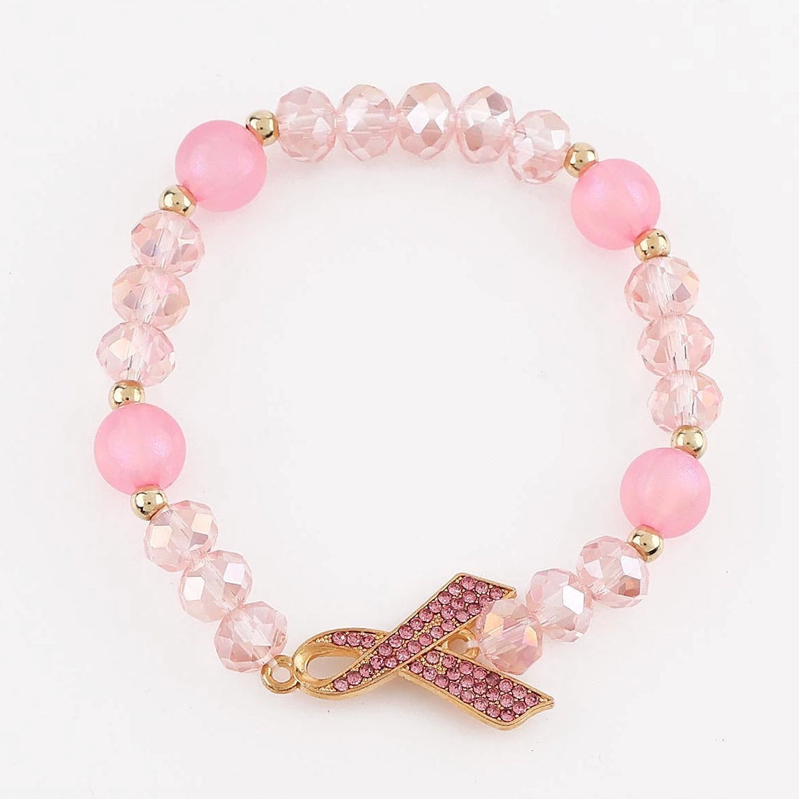 Pink Breast Cancer Awareness Beaded Stretch Bracelet with Rhinestone Ribbon Charm - Wholesale 12-Pack (CB3160) (CB3160)