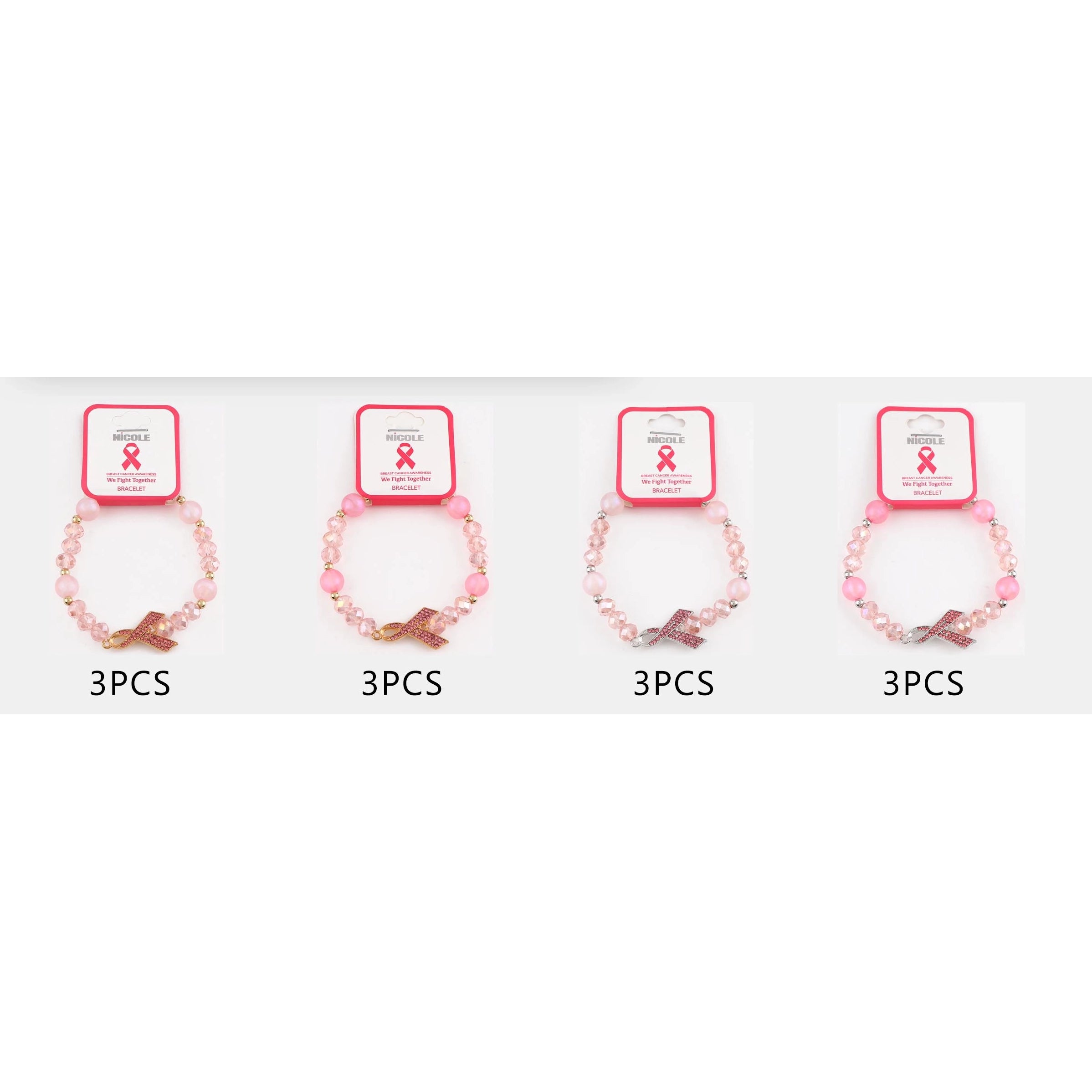Pink Breast Cancer Awareness Beaded Stretch Bracelet with Rhinestone Ribbon Charm - Wholesale 12-Pack (CB3160) (CB3160)