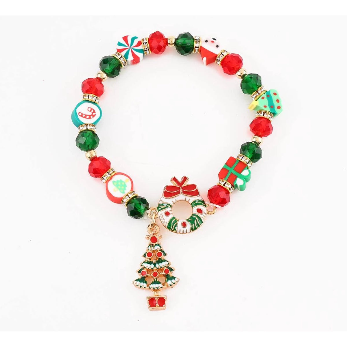Christmas Beaded Stretch Bracelet with Enamel Wreath & Tree Charm – Gold & Silver Tone 12-Piece Wholesale Pack (CB3182)