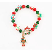 Christmas Beaded Stretch Bracelet with Enamel Wreath & Tree Charm – Gold & Silver Tone 12-Piece Wholesale Pack (CB3182)