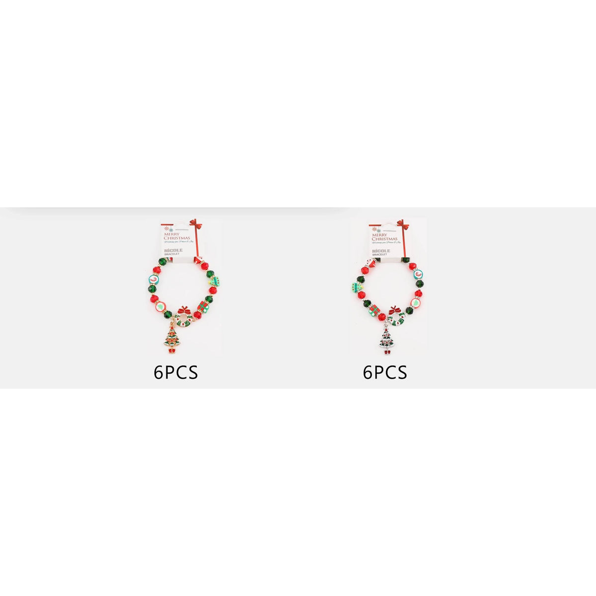 Christmas Beaded Stretch Bracelet with Enamel Wreath & Tree Charm – Gold & Silver Tone 12-Piece Wholesale Pack (CB3182)