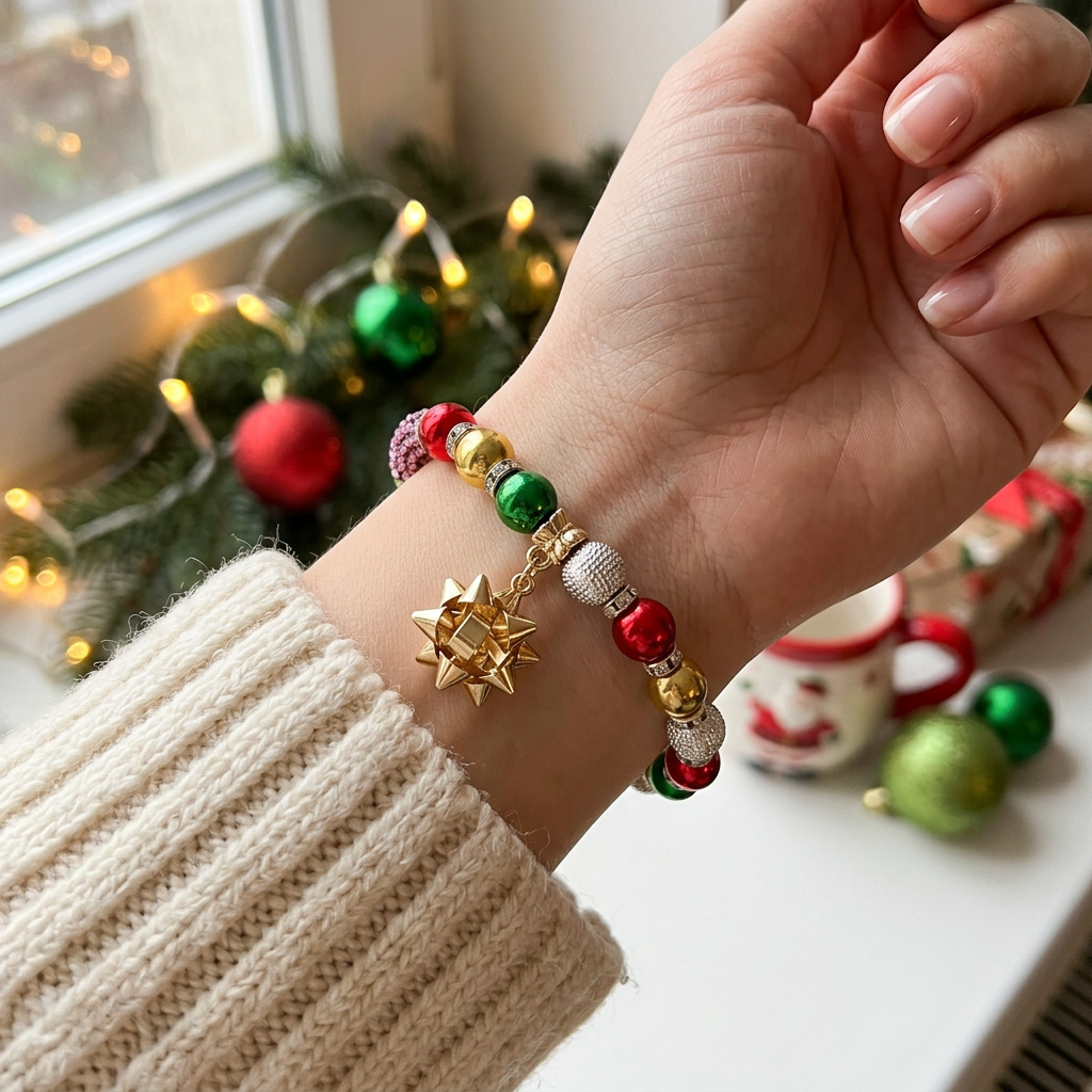 Christmas Holiday Rhinestone Pave & Metallic Beaded Stretch Bracelet with Gift Bow Charm – 2-Color 12pcs (CBR-10026)