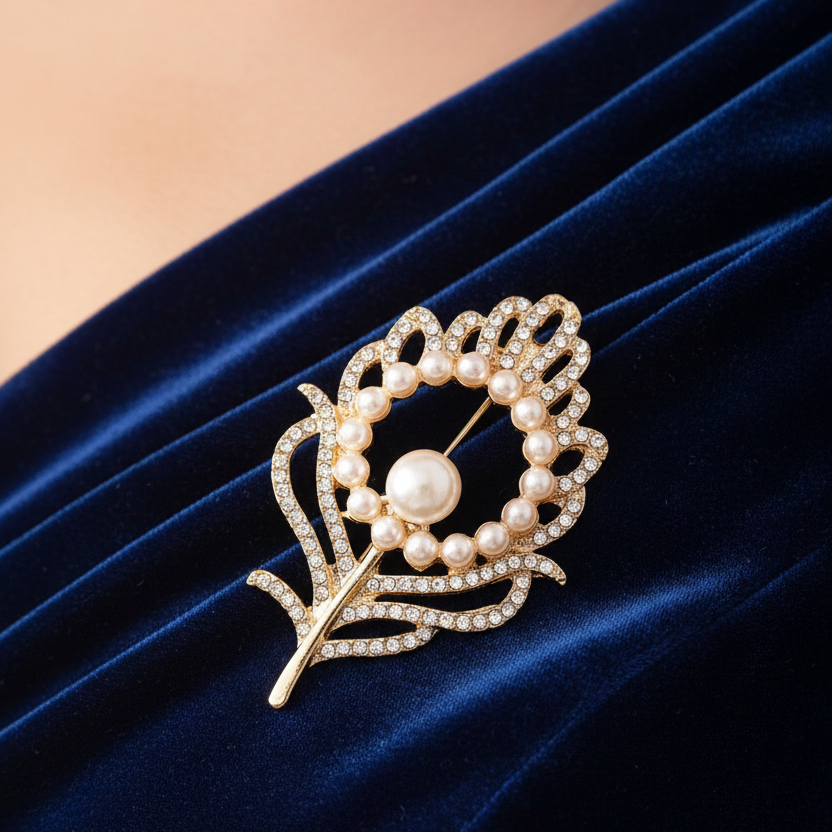 Pearl & Rhinestone Peacock Feather Brooch Pin – 5.5x3cm Gold-Tone Safety Pin Accent (CC1067)