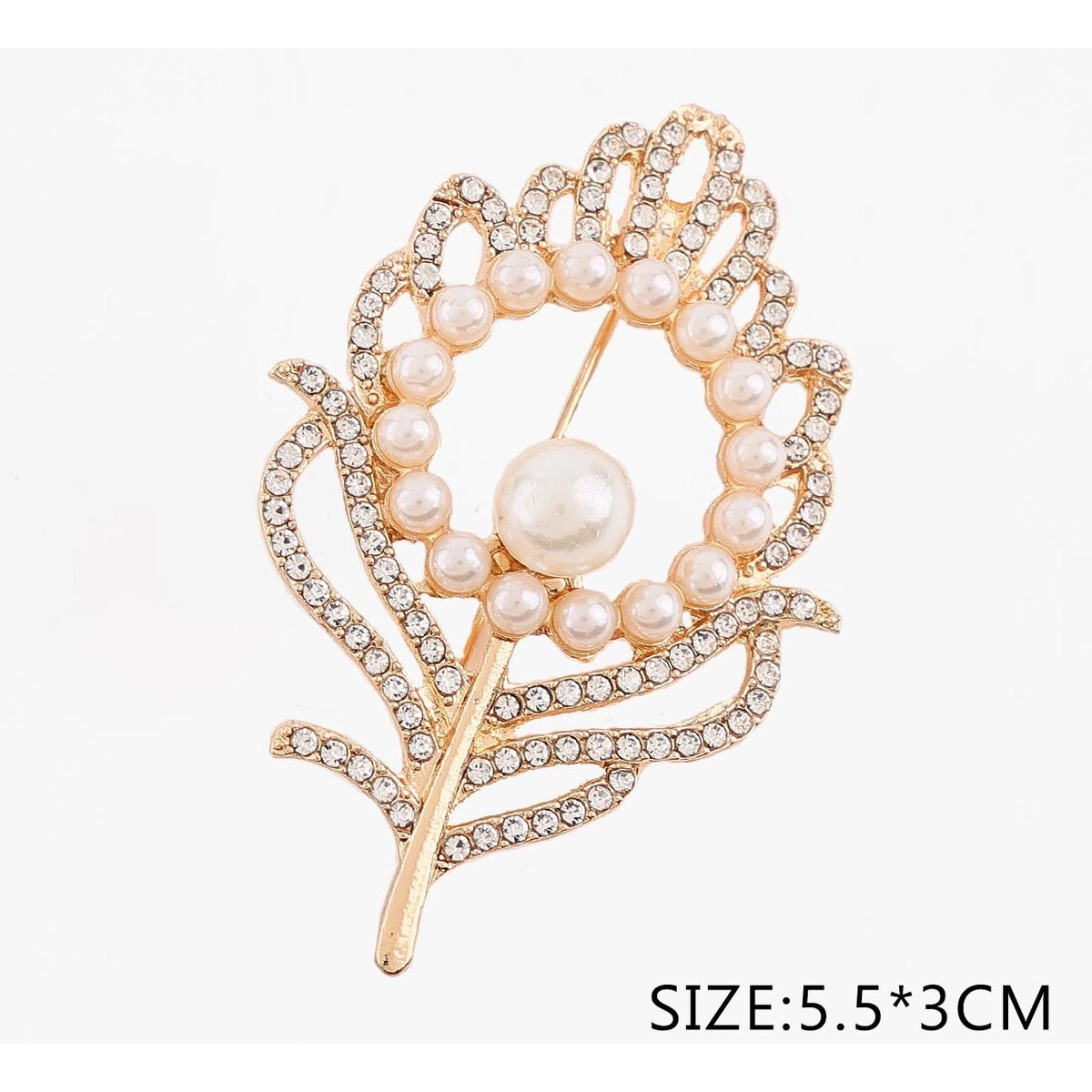 Pearl & Rhinestone Peacock Feather Brooch Pin – 5.5x3cm Gold-Tone Safety Pin Accent (CC1067)