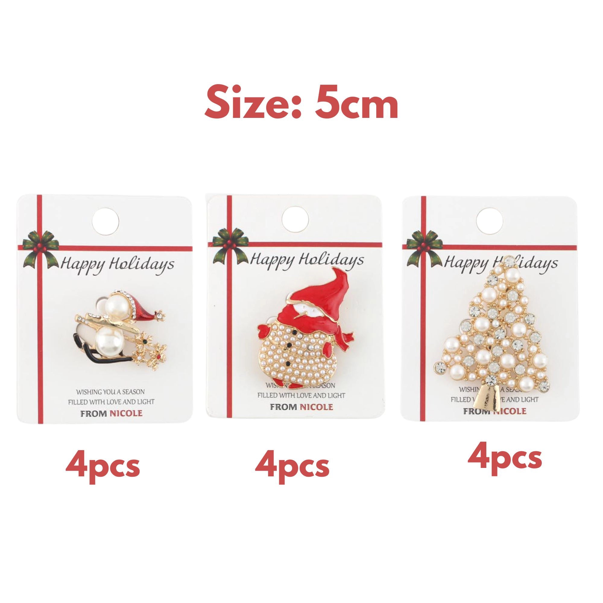 Elegant Christmas Brooch Set – 3-Piece Gold-Tone Holiday Pins with Pearls & Rhinestones | 5CM