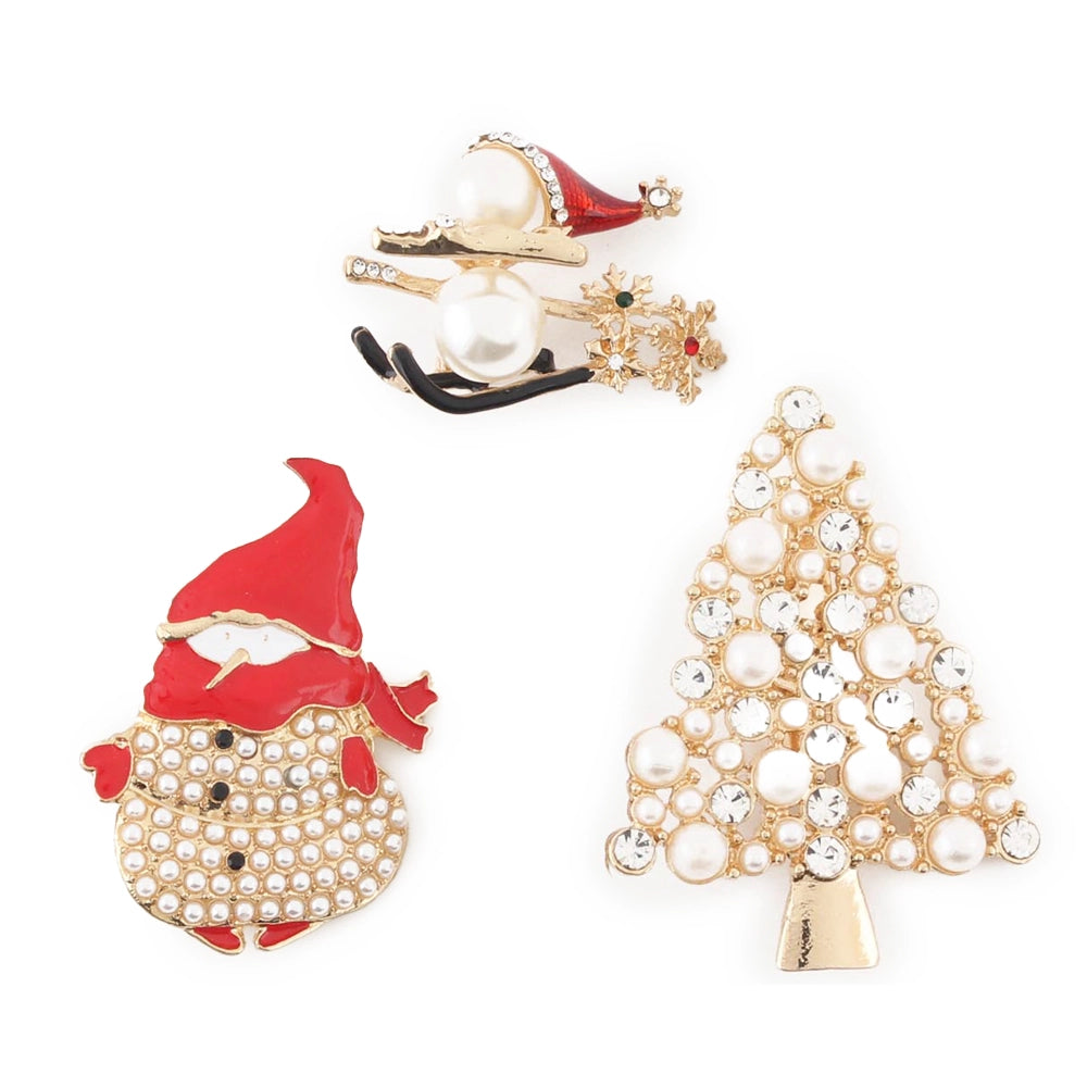 Elegant Christmas Brooch Set – 3-Piece Gold-Tone Holiday Pins with Pearls & Rhinestones | 5CM