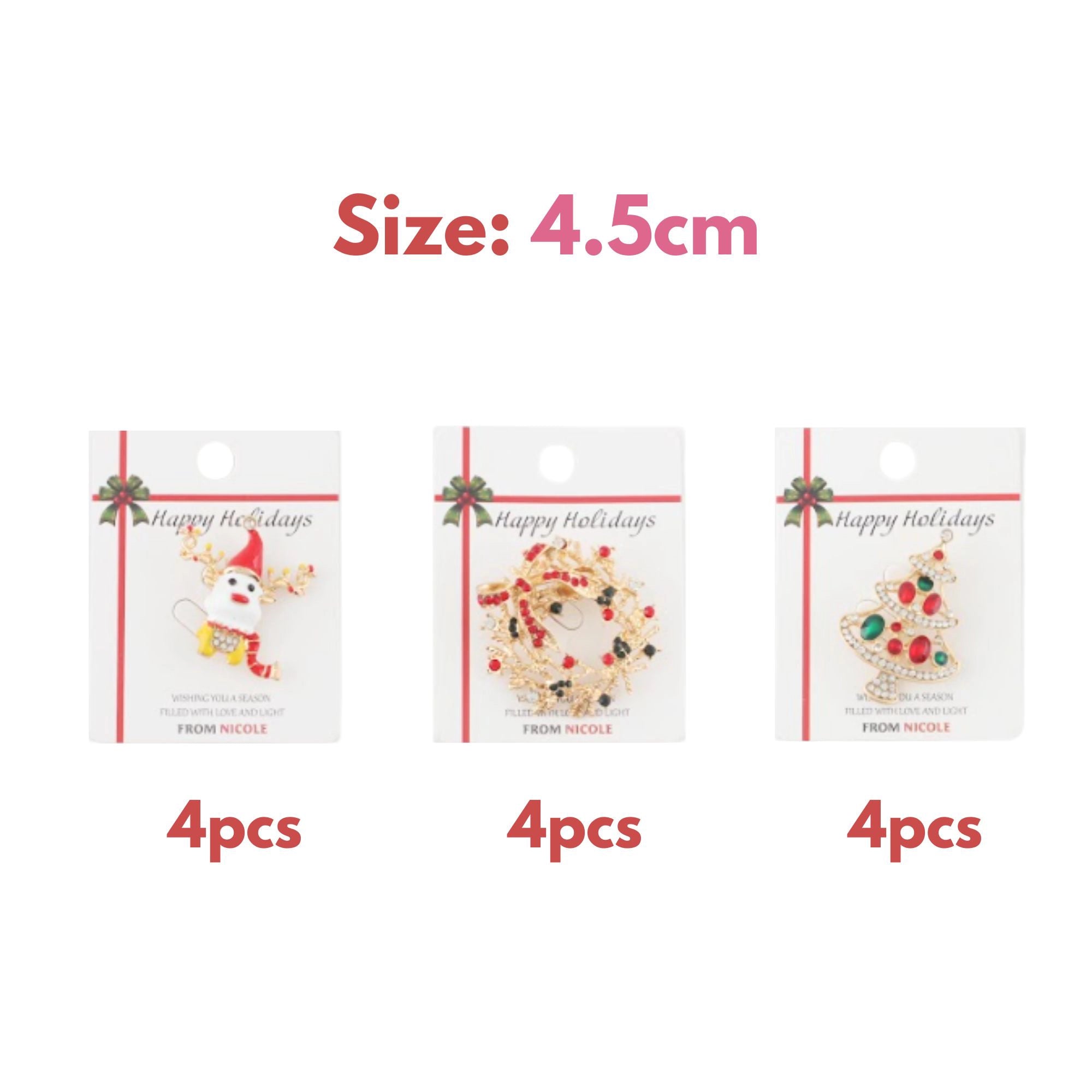 Elegant Christmas Brooch Set – 3-Piece Holiday Pins Christmas Wreath, Reindeer, Christmas Tree | 4.5CM