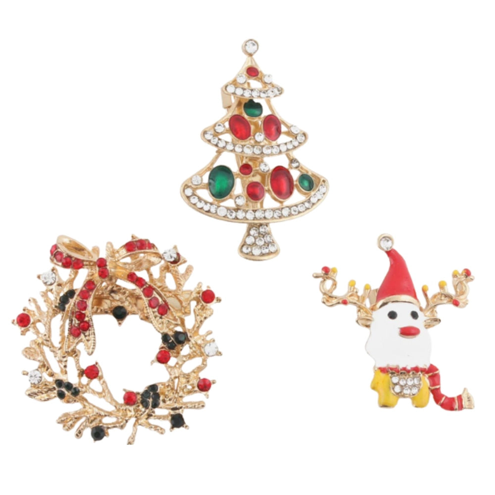 Elegant Christmas Brooch Set – 3-Piece Holiday Pins Christmas Wreath, Reindeer, Christmas Tree | 4.5CM