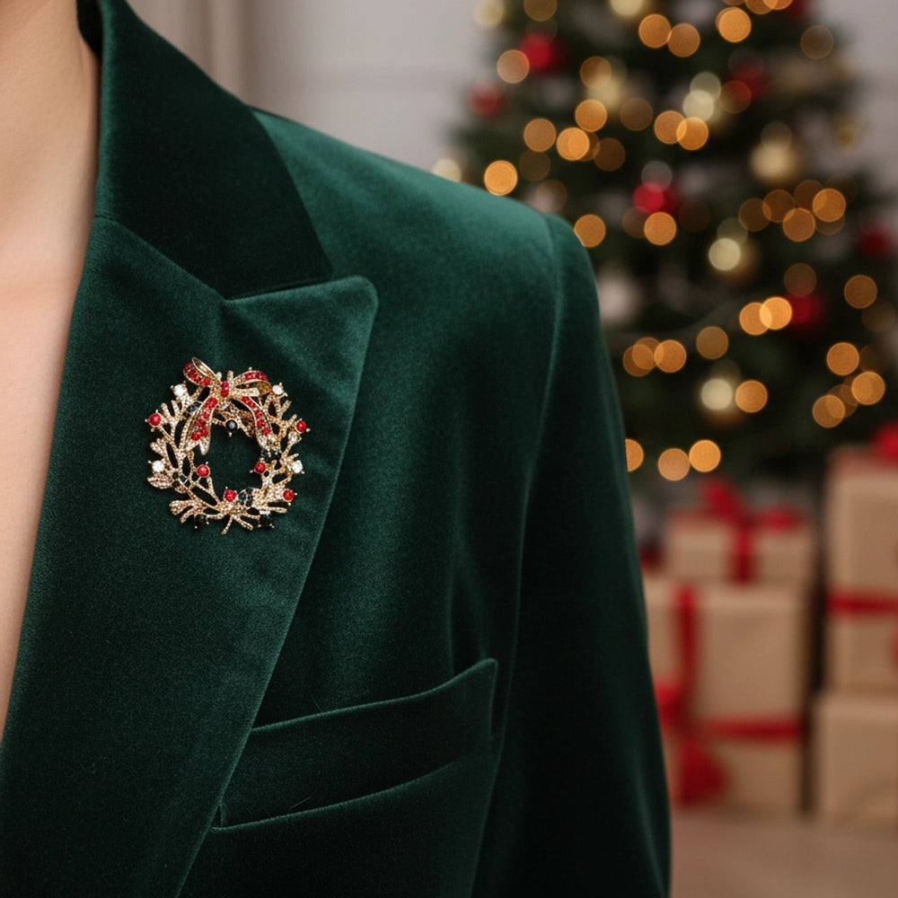Elegant Christmas Brooch Set – 3-Piece Holiday Pins Christmas Wreath, Reindeer, Christmas Tree | 4.5CM