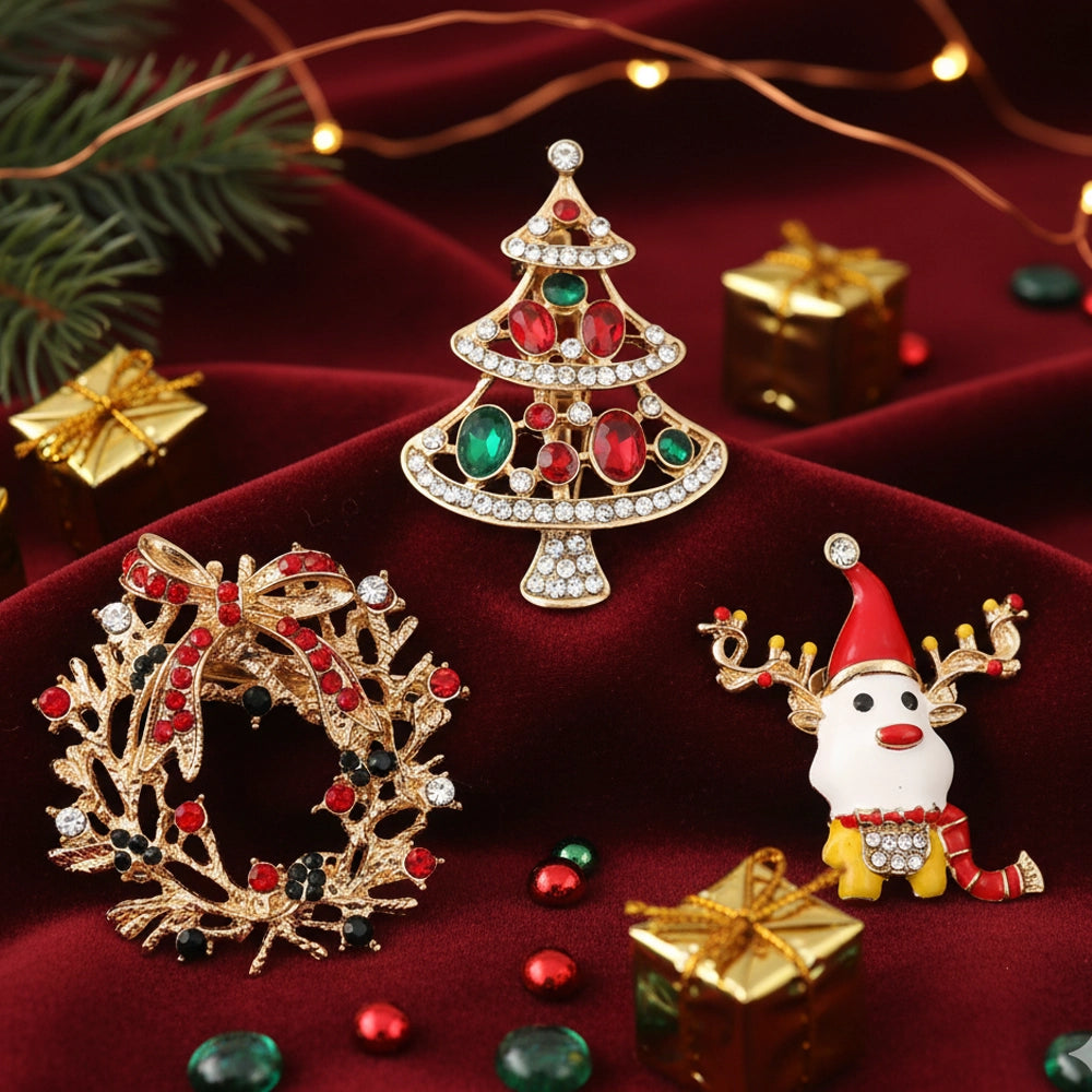 Elegant Christmas Brooch Set – 3-Piece Holiday Pins Christmas Wreath, Reindeer, Christmas Tree | 4.5CM