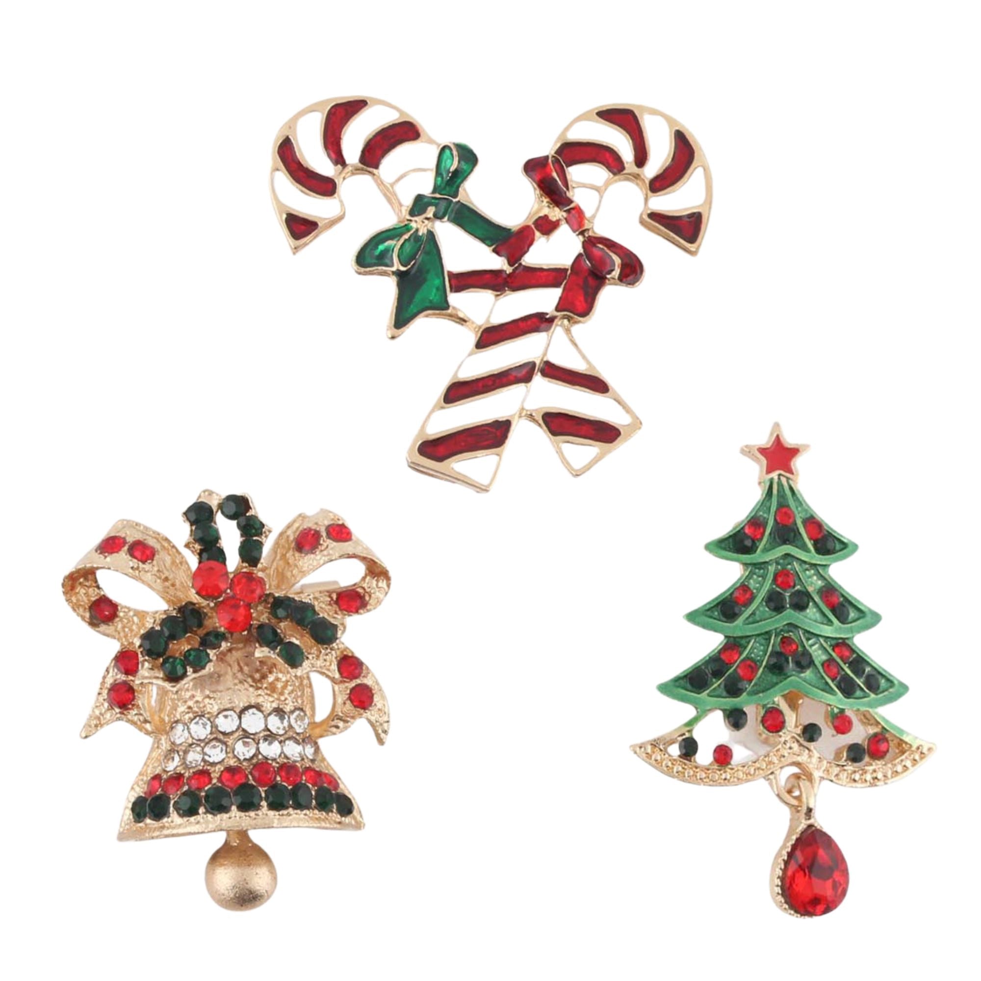 Elegant Christmas Brooch Set – 3-Piece Holiday Pins Christmas Tree, Candy Cane, Bell | 3.5CM