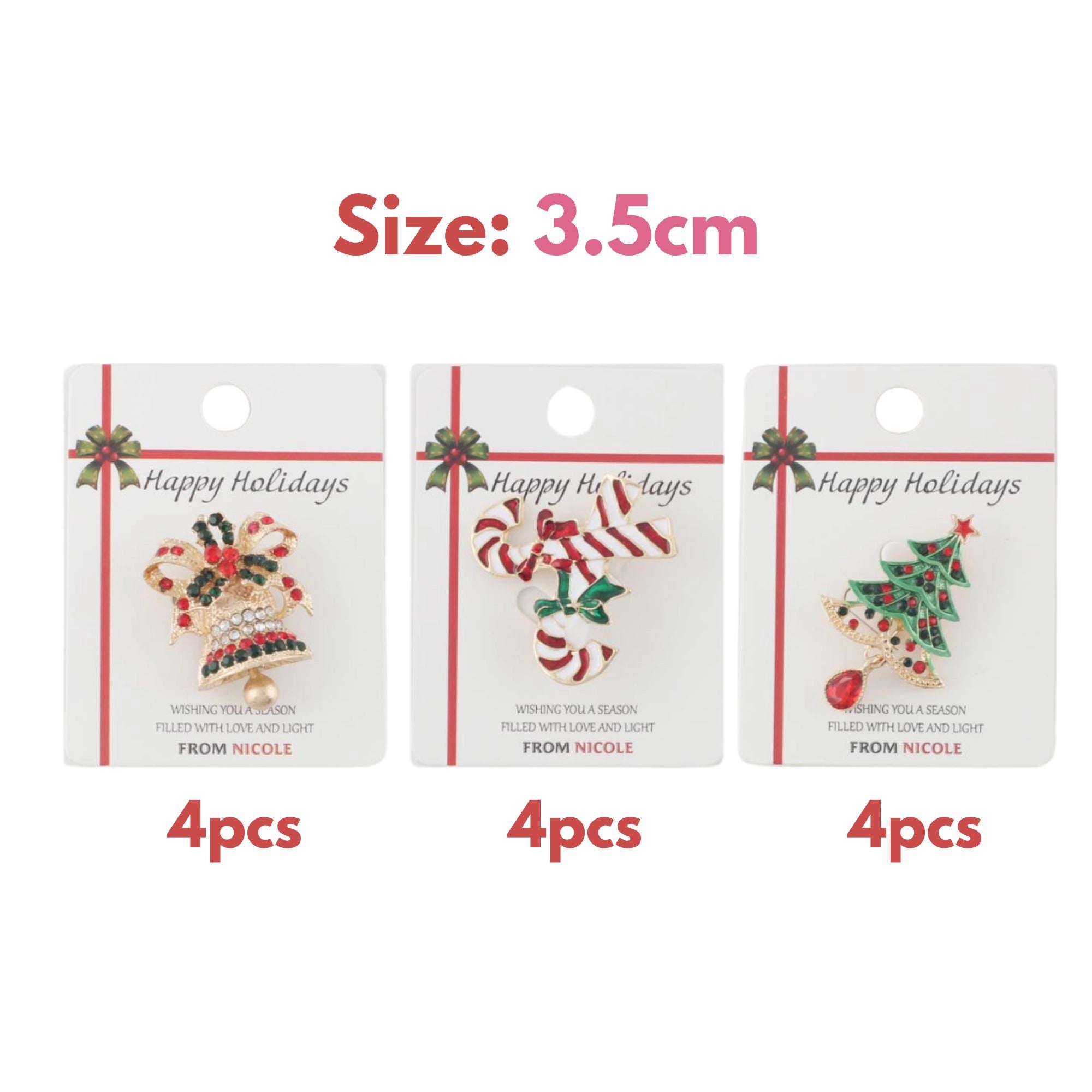Elegant Christmas Brooch Set – 3-Piece Holiday Pins Christmas Tree, Candy Cane, Bell | 3.5CM