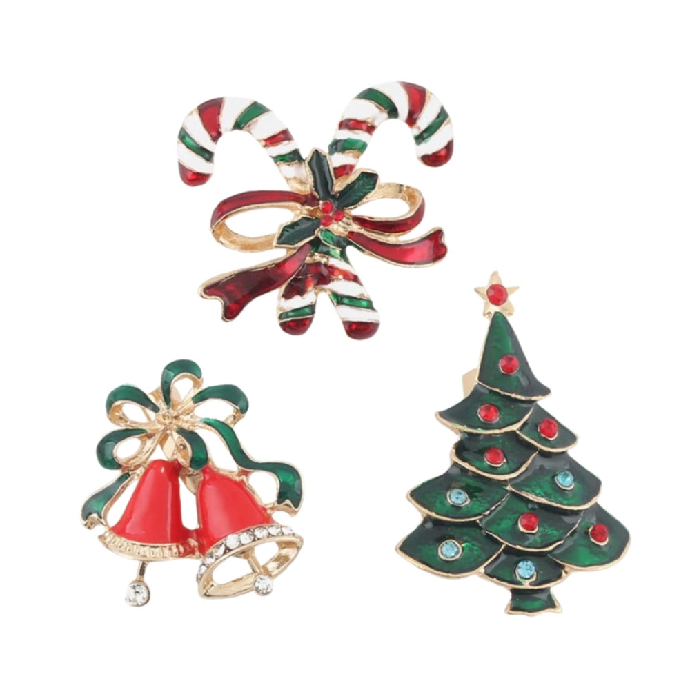 Elegant Christmas Brooch Set – 3-Piece Holiday Pins Christmas Tree, Bells and Candy Cane | 4.5CM