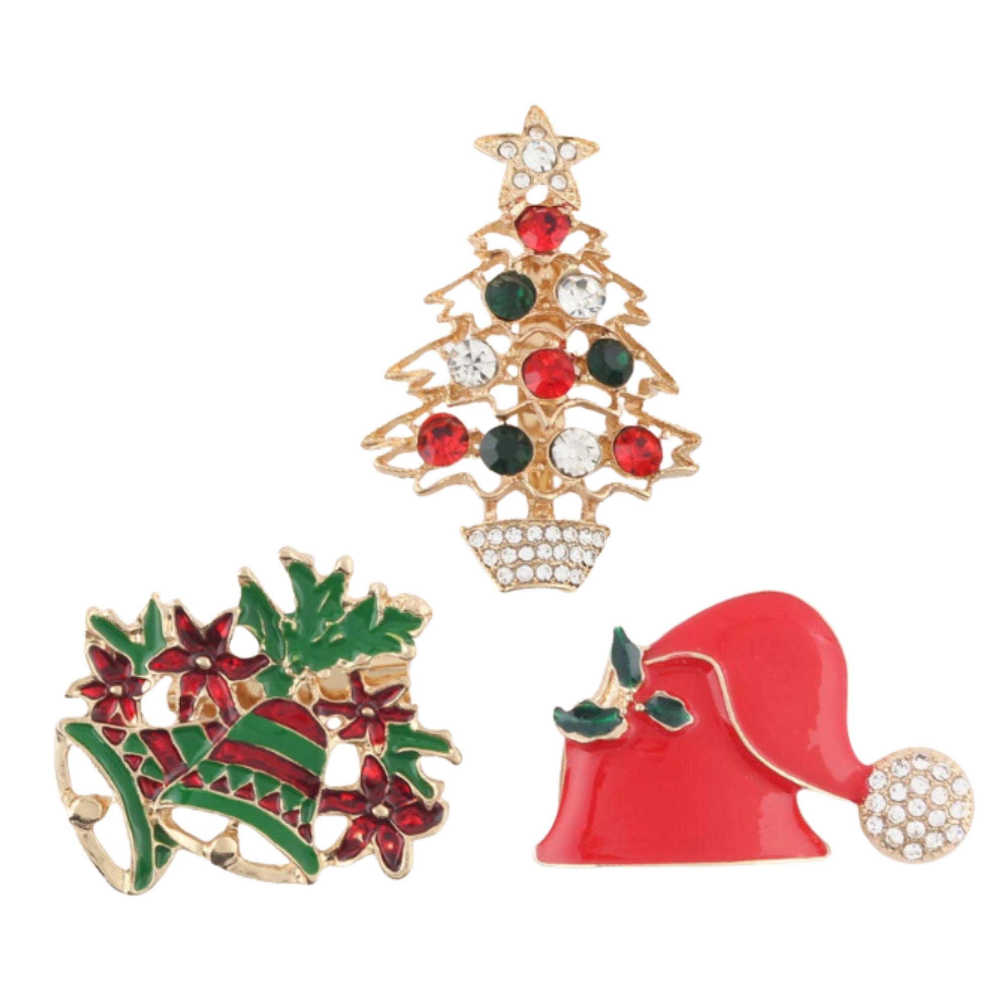 Elegant Christmas Brooch Set – 3-Piece Holiday Pins Santa Hat, Christmas Tree, Bells | 4CM
