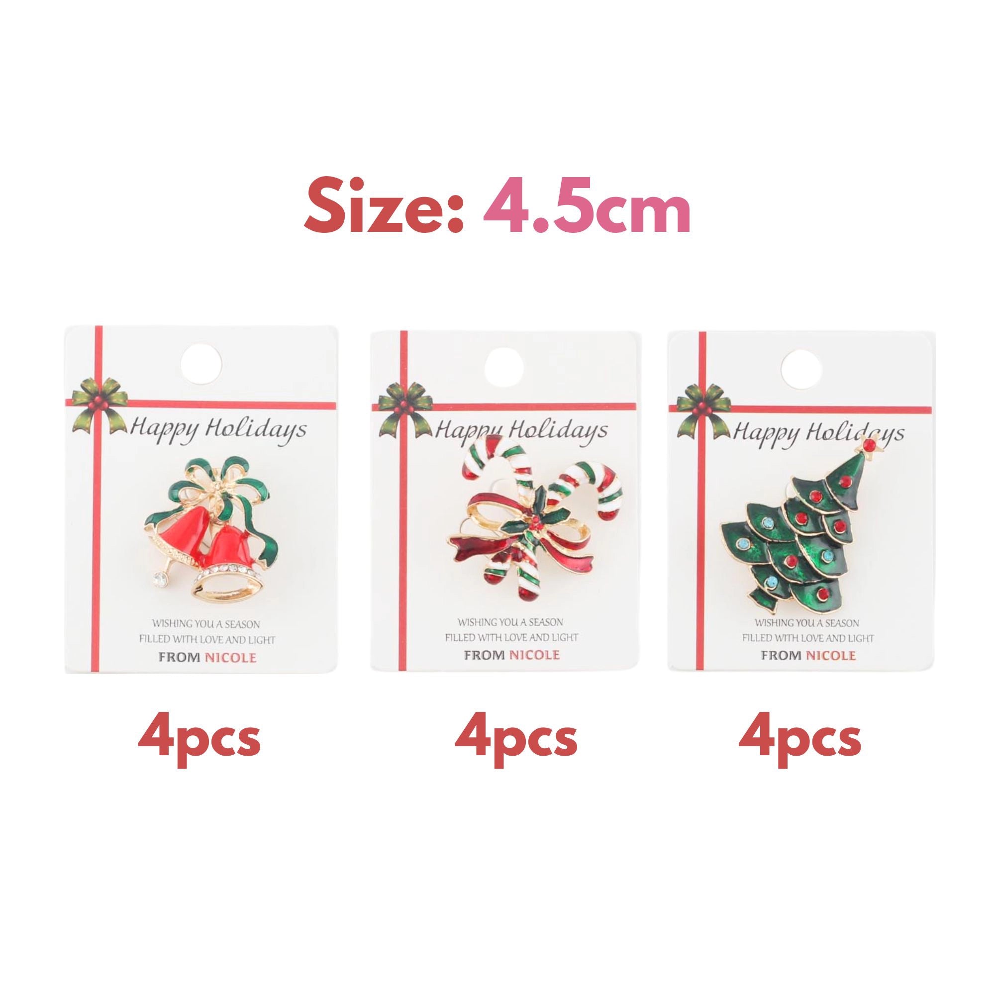 Elegant Christmas Brooch Set – 3-Piece Holiday Pins Christmas Tree, Bells and Candy Cane | 4.5CM