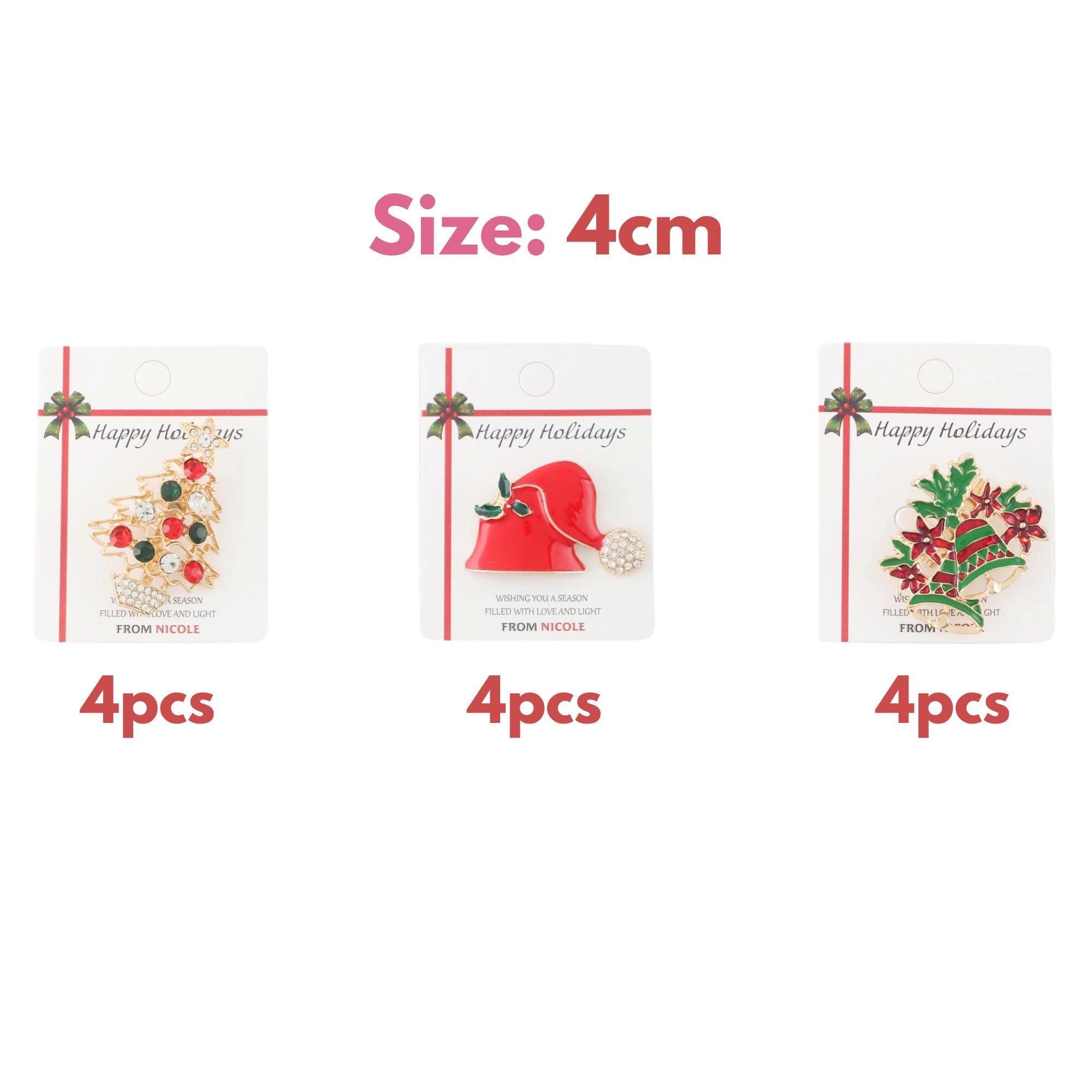 Elegant Christmas Brooch Set – 3-Piece Holiday Pins Santa Hat, Christmas Tree, Bells | 4CM