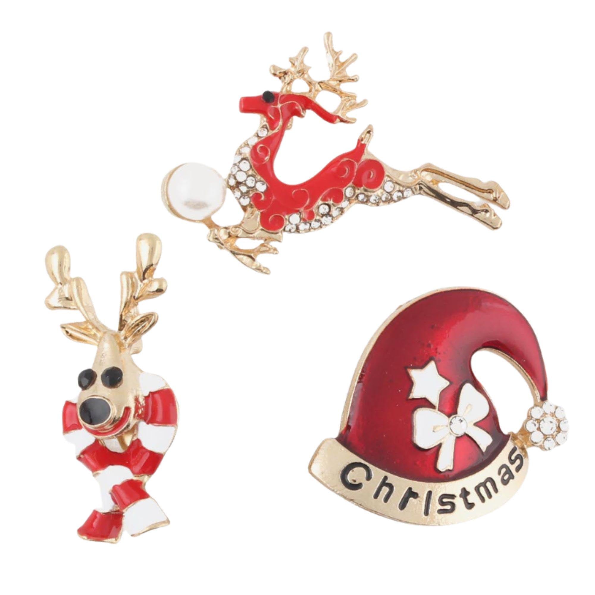 Elegant Christmas Brooch Set – 3-Piece Holiday Pins Cool Deer, Santa Hat, Reindeer