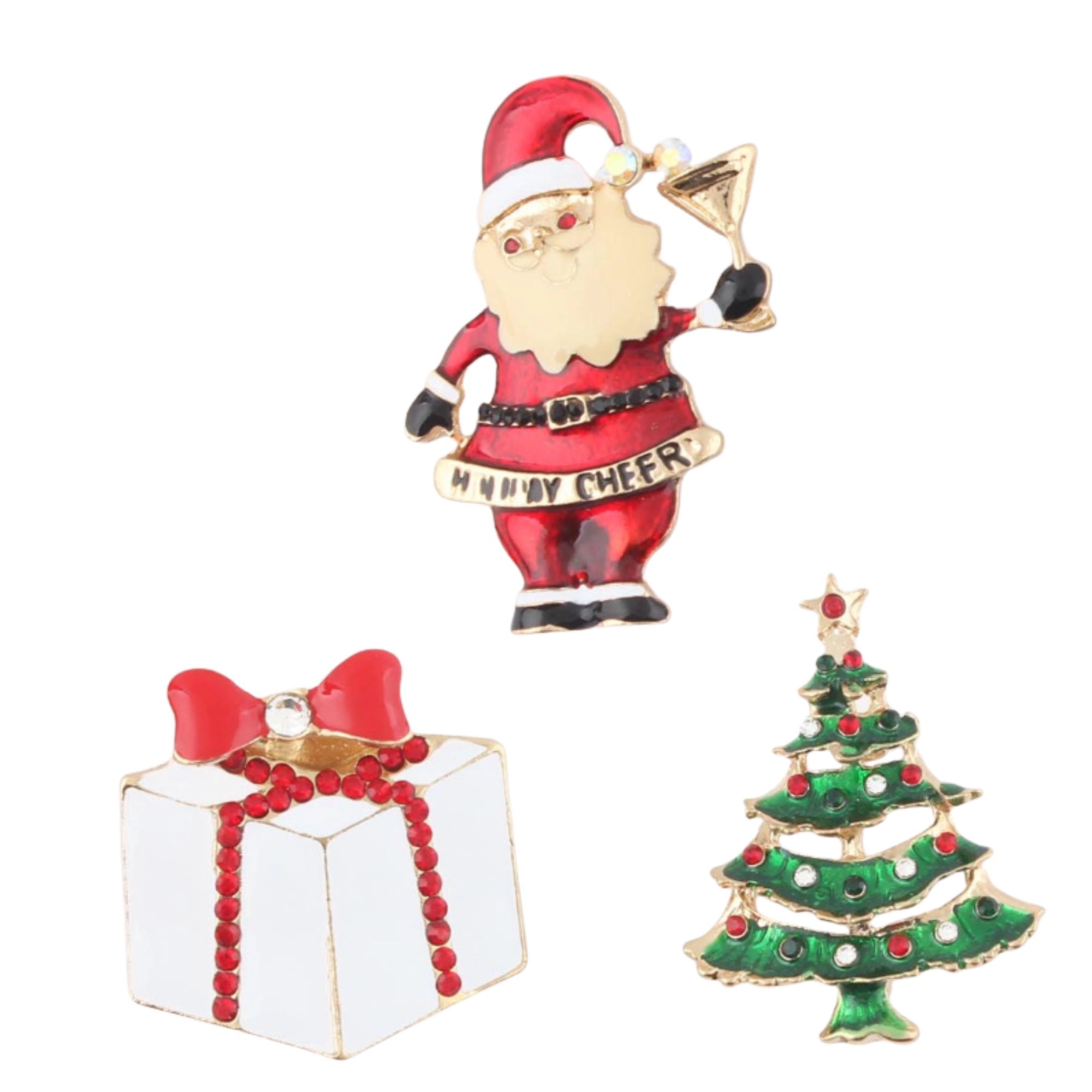 Elegant Christmas Brooch Set – 3-Piece Holiday Pins Santa, Christmas Tree & Gift Box | 4.5CM