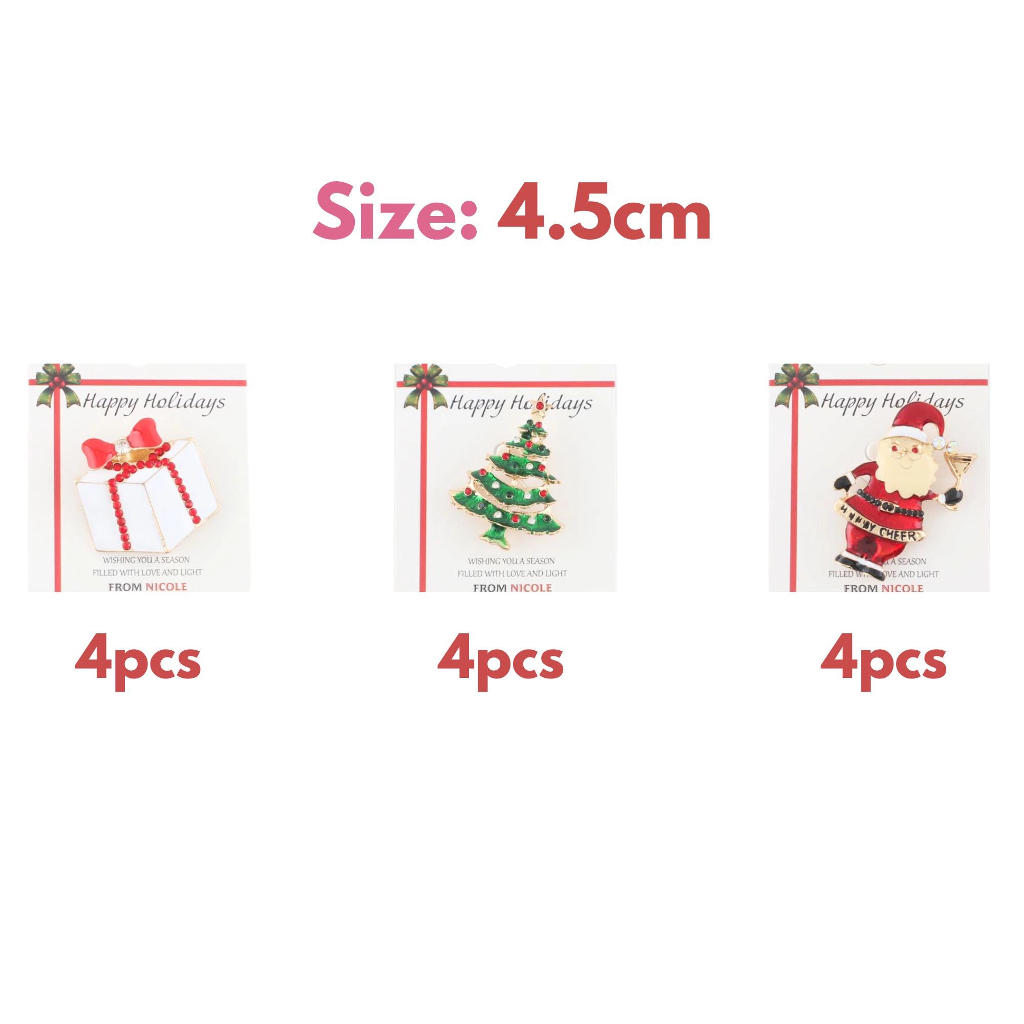 Elegant Christmas Brooch Set – 3-Piece Holiday Pins Santa, Christmas Tree & Gift Box | 4.5CM