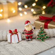 Elegant Christmas Brooch Set – 3-Piece Holiday Pins Santa, Christmas Tree & Gift Box | 4.5CM