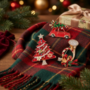 Christmas Enamel & Rhinestone Brooch Pin Set – Red Car with Tree, Ornamented Tree & French Horn Designs 12-Piece Wholesale Pack (CC1111)