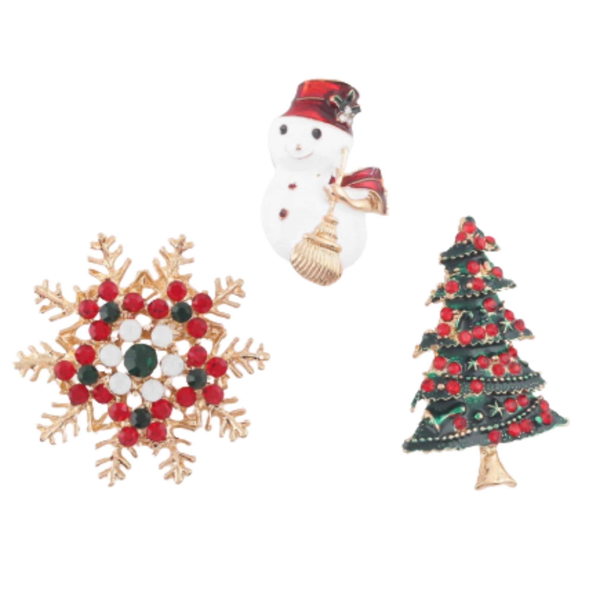 Elegant Christmas Brooch Set – 3-Piece Holiday Pins Snowflake, Snowman & Christmas Tree | 4.5CM