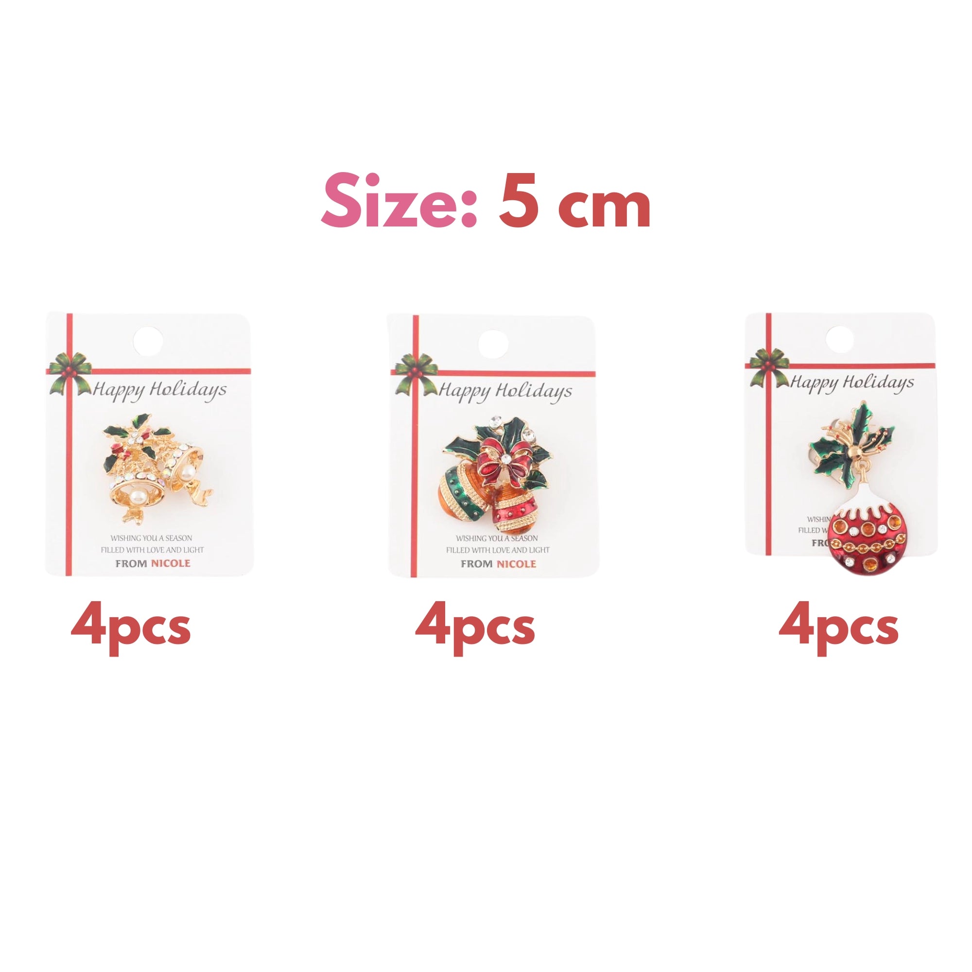 Elegant Christmas Brooch Set – 3-Piece Holiday Pins Bells, Ornament & Holly | 5CM