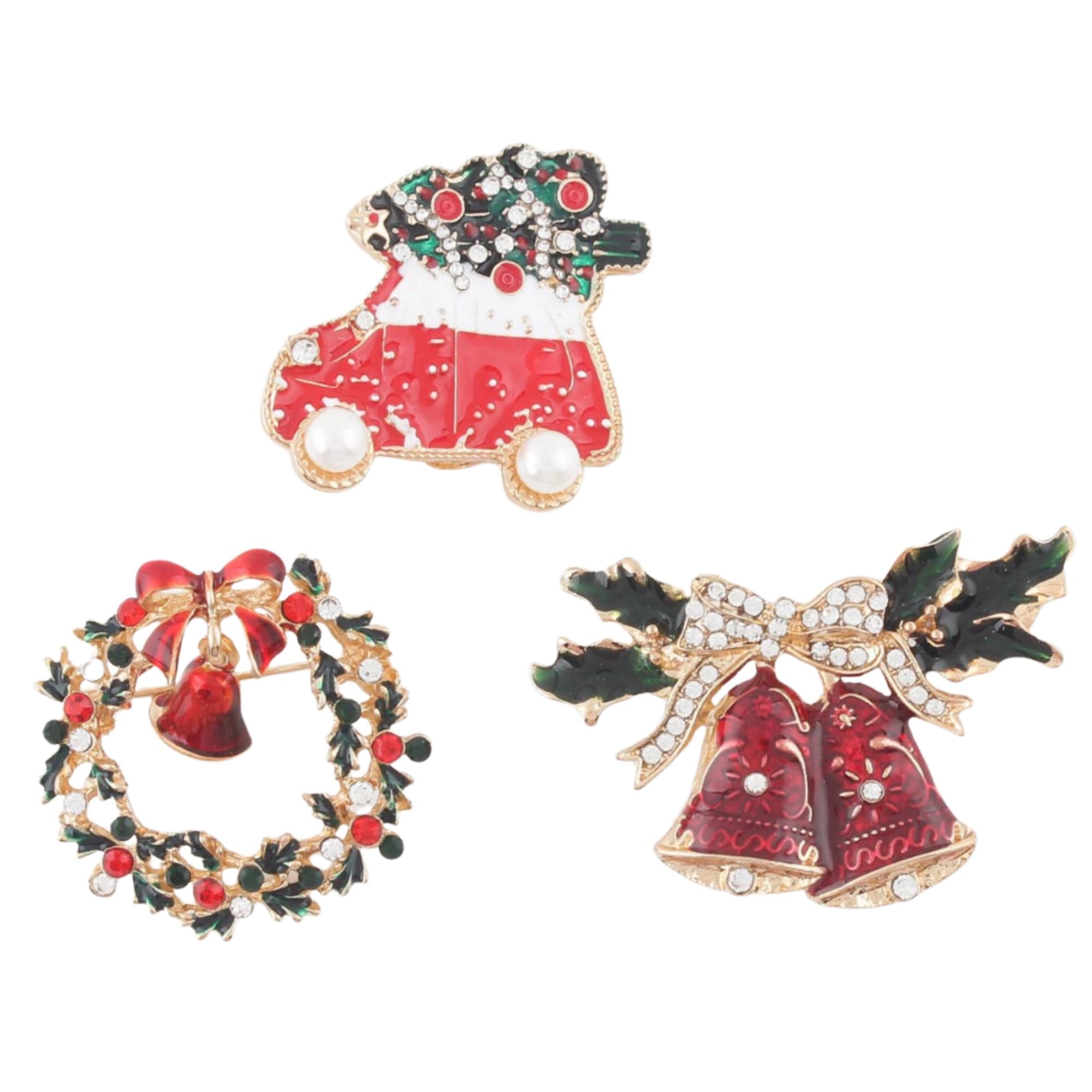 Elegant Christmas Brooch Set – 3-Piece Holiday Pins Car, Wreath & Bells | 5CM