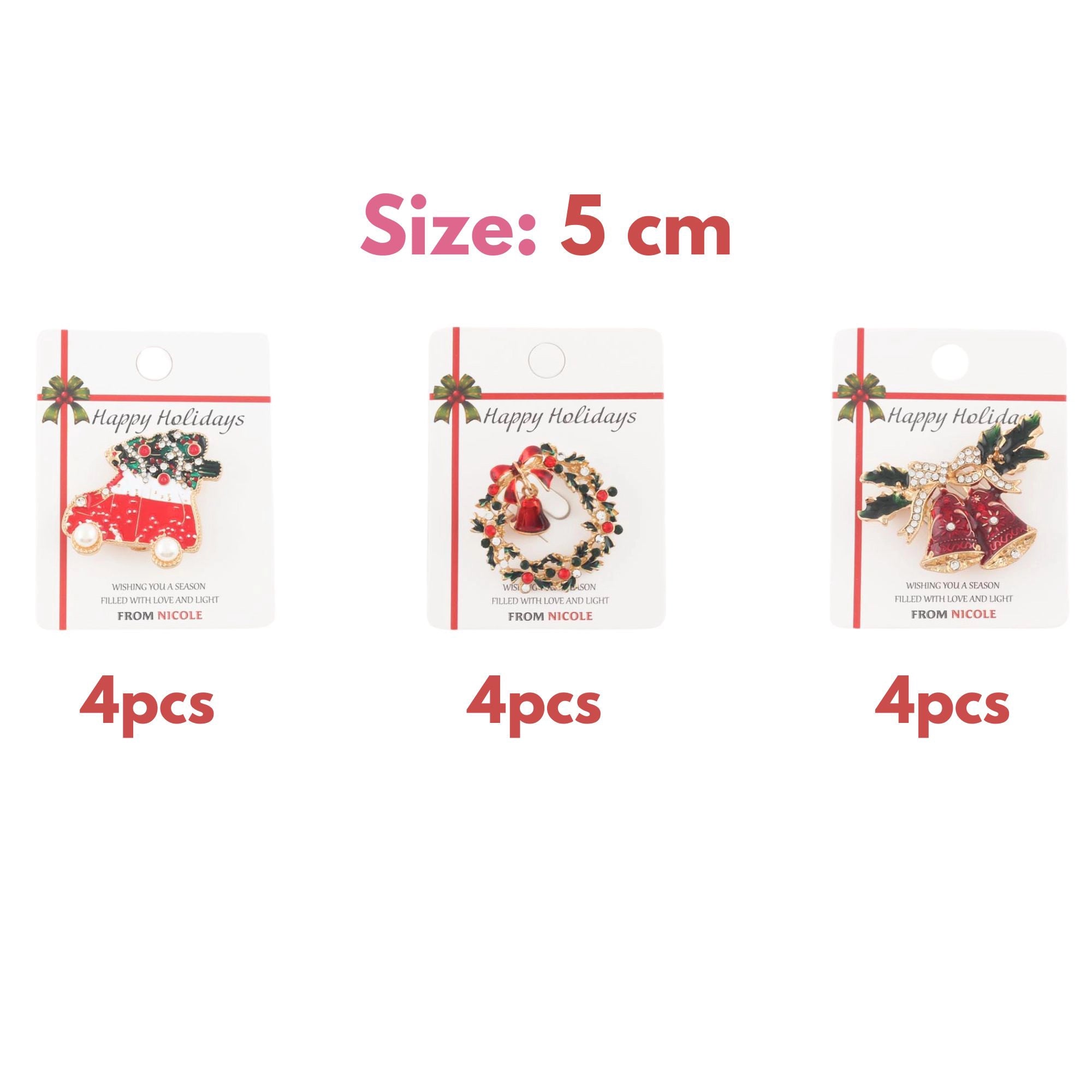 Elegant Christmas Brooch Set – 3-Piece Holiday Pins Car, Wreath & Bells | 5CM