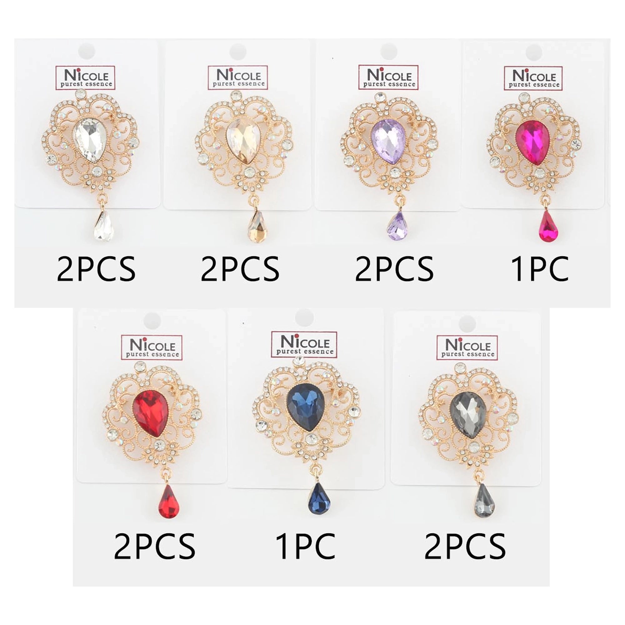Vintage Wholesale Rhinestone Brooch Pins (12-Pack) – Ornate Antique Style Crystal Teardrop Dangle Brooches, Bulk Fashion Jewelry Lot (Style CC1152)