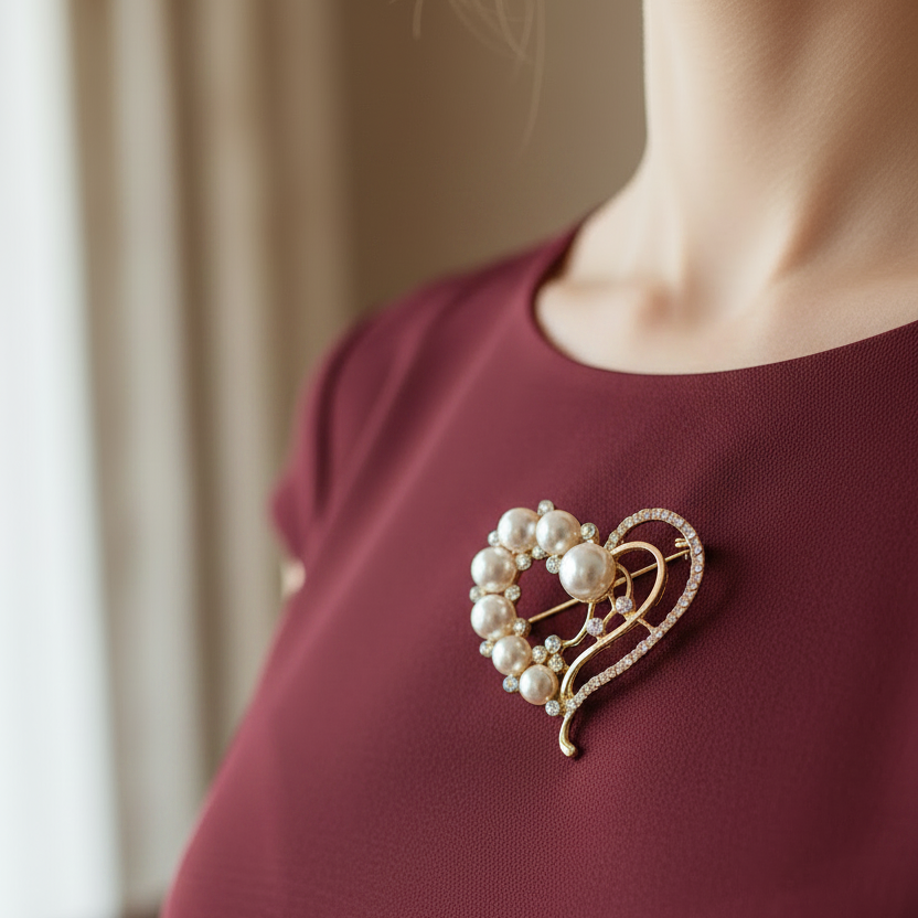 Elegant Heart Brooch Pin with Faux Pearls & Crystals (CC1167) – Gold & Silver Tone Fashion Lapel Pin, Wholesale Pack (CC1167)