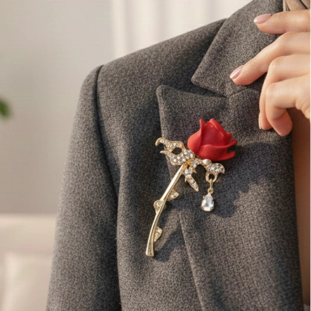 Elegant Red Rose Brooch Pin – Crystal Encrusted Floral Lapel Pin with Teardrop Dangle – Romantic Flower Jewelry for Weddings, Anniversaries, and Gifts for Her (CC1168)