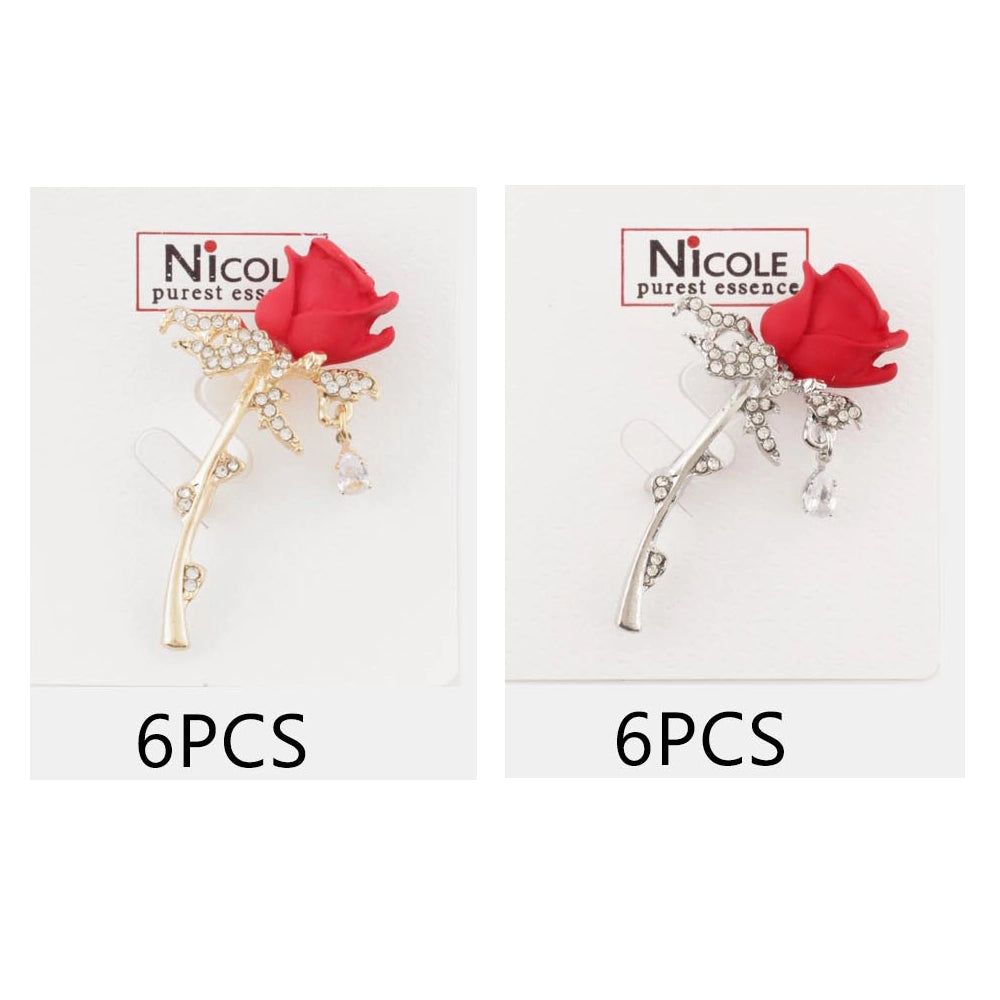 Elegant Red Rose Brooch Pin – Crystal Encrusted Floral Lapel Pin with Teardrop Dangle – Romantic Flower Jewelry for Weddings, Anniversaries, and Gifts for Her (CC1168)