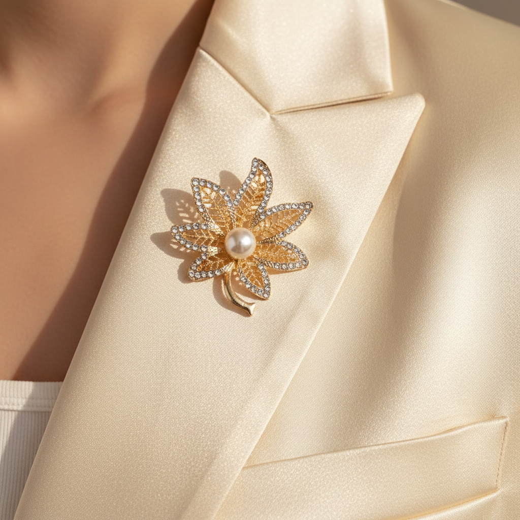 Elegant Rhinestone Leaf Brooch Pin with Faux Pearl Accent – Gold & Silver Floral Lapel Pin (5x4.5cm) (CC1181)