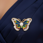 Gold Rhinestone Butterfly Brooch Pin with Faux Pearl & Colorful Enamel Accents (CC1185)