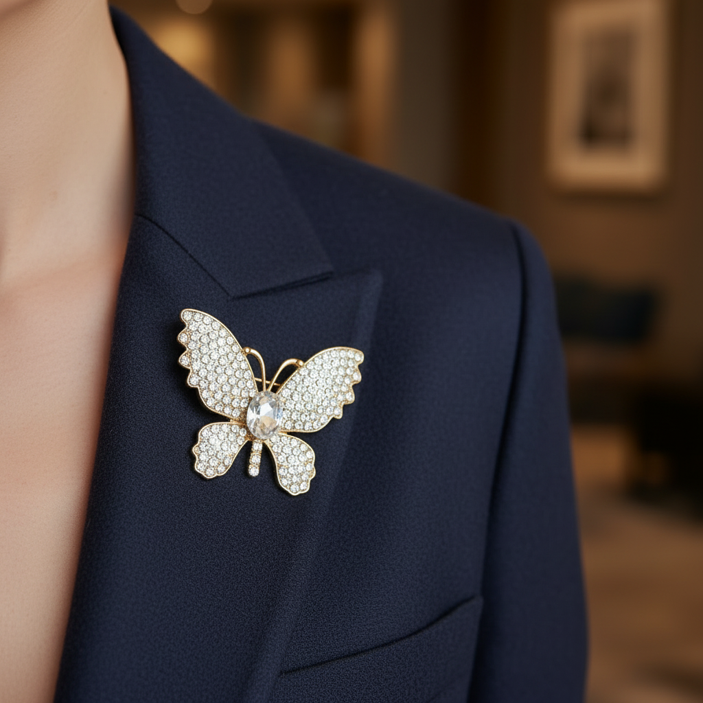 Rhinestone Butterfly Brooch Pin – Gold Tone Crystal Butterfly Lapel Pin, 4 x 4.2cm (CC1187)