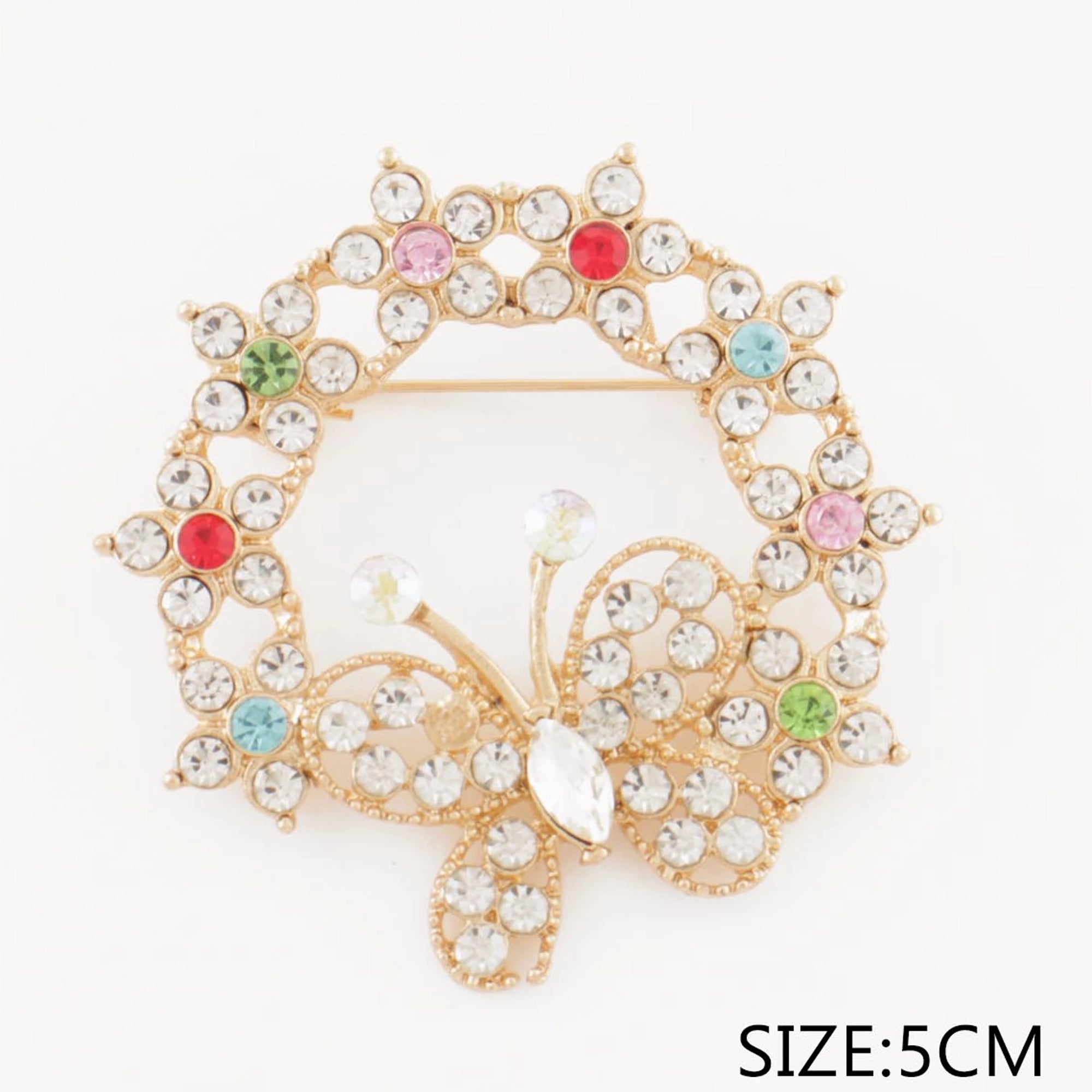 Crystal Butterfly Wreath Brooch Pin – 5cm Gold & Silver Rhinestone Floral Lapel Pin Jewelry for Women, Wedding & Formal Accessories (CC1201)