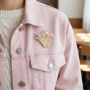 Vintage-Style Flower Basket Brooch Pin - Gold & Silver Tone Floral Enamel Jewelry with Crystal Accents – 4x3.5cm (CC1205)