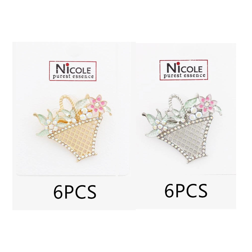 Vintage-Style Flower Basket Brooch Pin - Gold & Silver Tone Floral Enamel Jewelry with Crystal Accents – 4x3.5cm (CC1205)