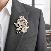 Vintage Floral Pearl & Crystal Brooch Pin - Elegant Bouquet Design (Gold & Silver Tone) (CC1208)