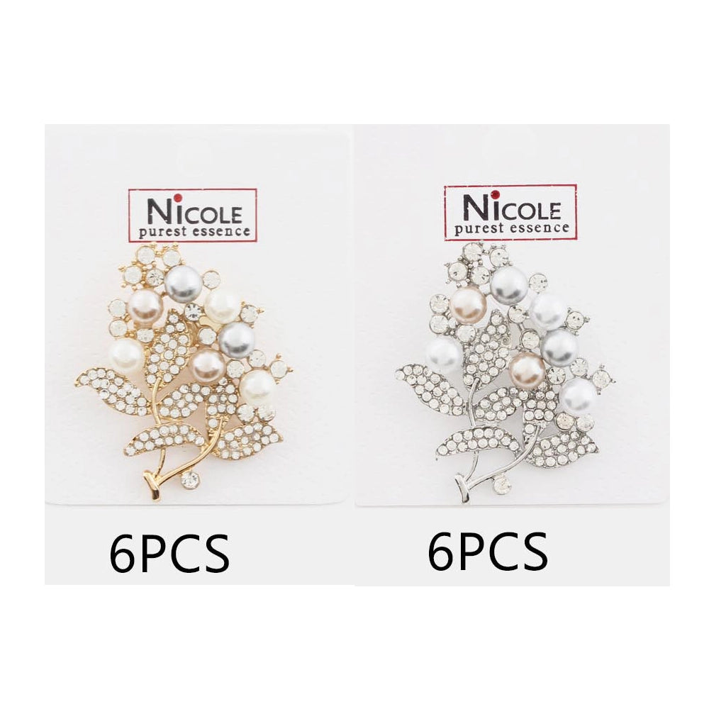 Vintage Floral Pearl & Crystal Brooch Pin - Elegant Bouquet Design (Gold & Silver Tone) (CC1208)