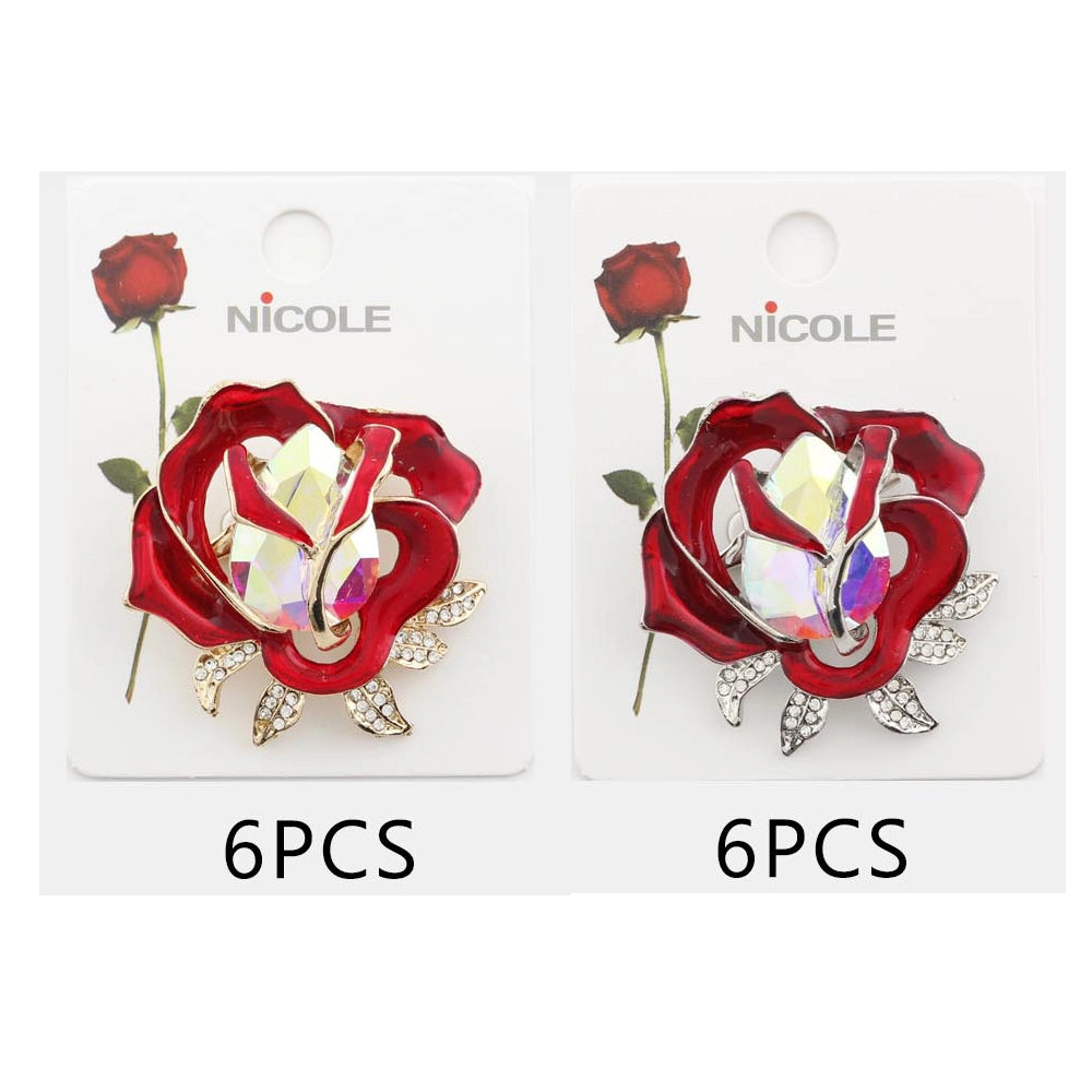 Elegant Red Enamel Rose Brooch – Large Iridescent Crystal Floral Pin for Women – 5cm x 5cm